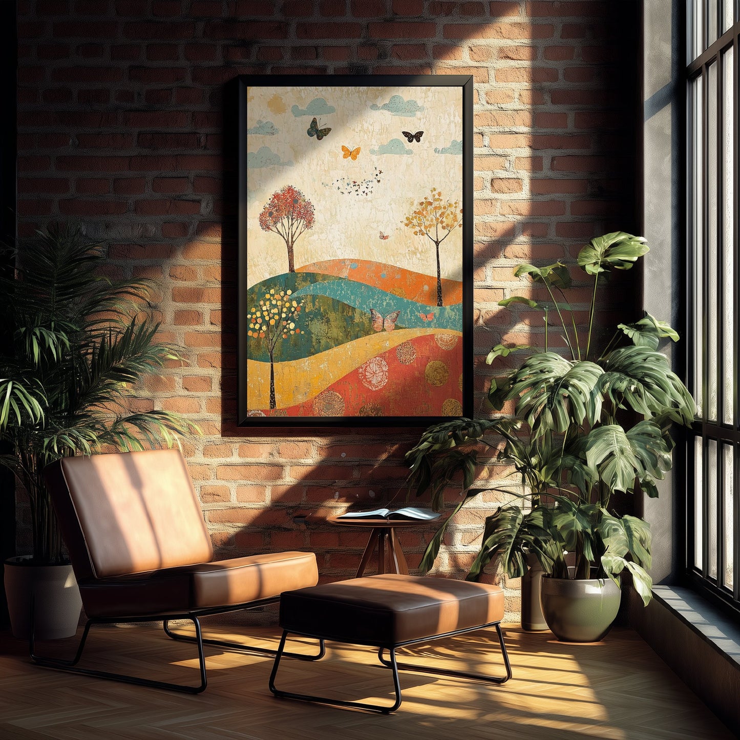 Rolling Hills Landscape Art Print - Butterfly Meadow Poster - Folk Art Painting - Jade Mocha and Rosewood 1/3