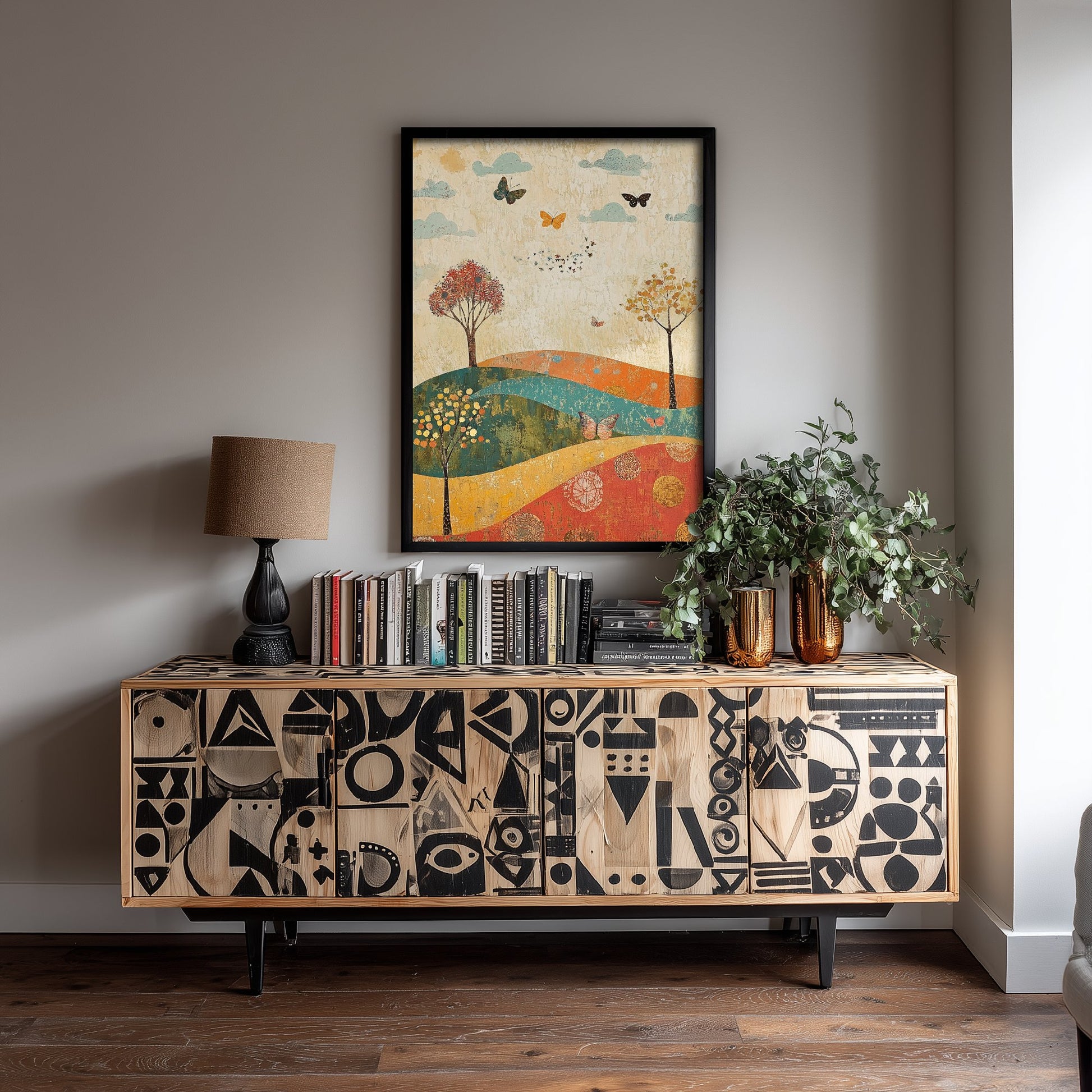 Rolling Hills Landscape Art Print - Butterfly Meadow Poster - Folk Art Painting - Jade Mocha and Rosewood 1/3