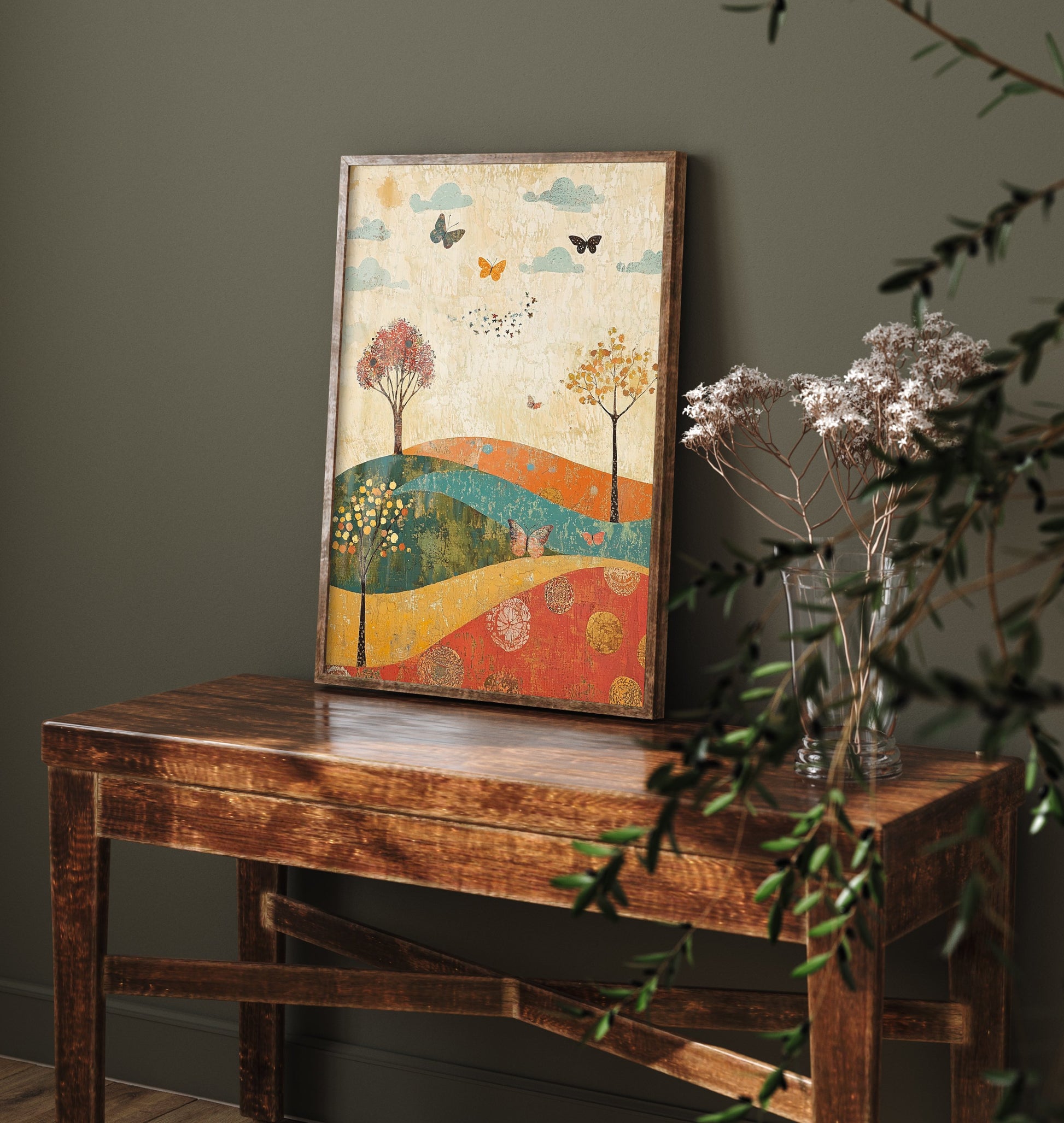 Rolling Hills Landscape Art Print - Butterfly Meadow Poster - Folk Art Painting - Jade Mocha and Rosewood 1/3