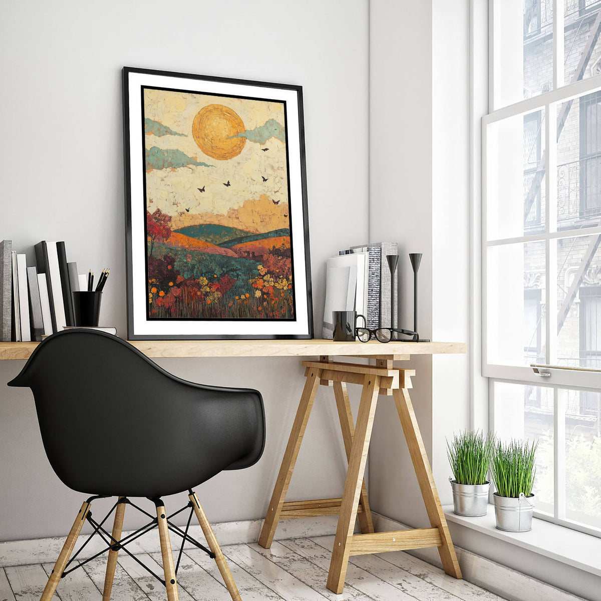 Rolling Hills Landscape Art Print - Butterfly Meadow Poster - Folk Art Painting - Jade Mocha and Rosewood 2/3