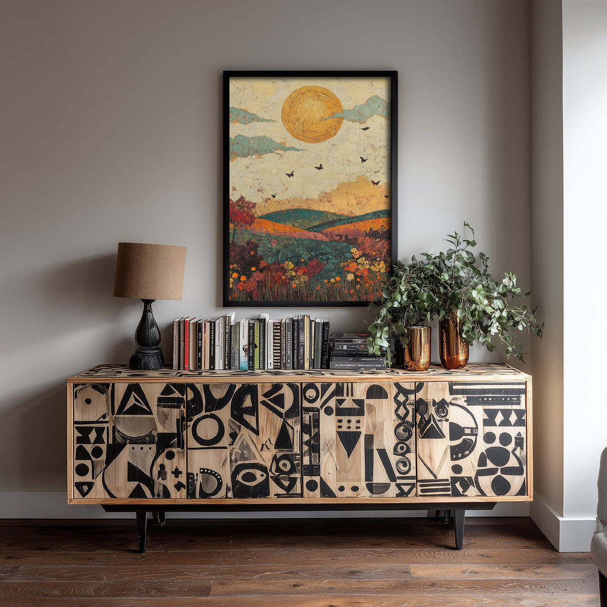 Rolling Hills Landscape Art Print - Butterfly Meadow Poster - Folk Art Painting - Jade Mocha and Rosewood 2/3