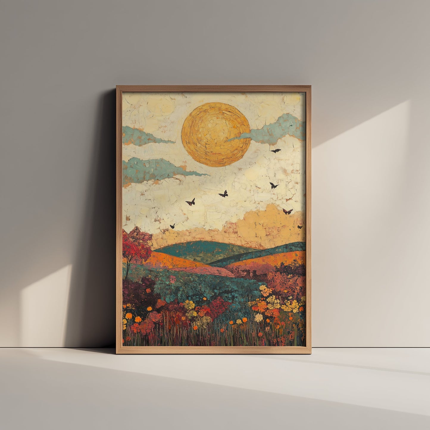 Rolling Hills Landscape Art Print - Butterfly Meadow Poster - Folk Art Painting - Jade Mocha and Rosewood 2/3