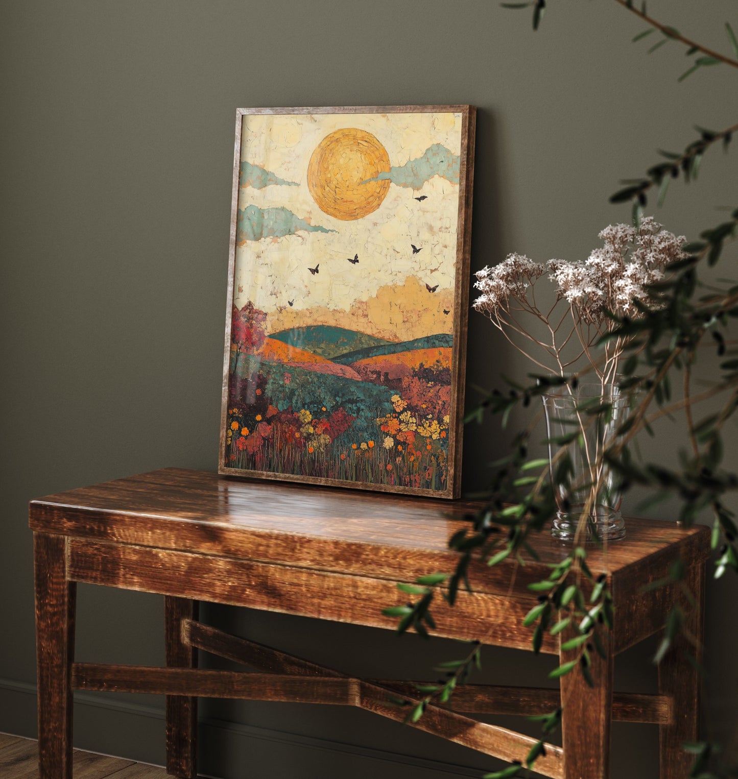 Rolling Hills Landscape Art Print - Butterfly Meadow Poster - Folk Art Painting - Jade Mocha and Rosewood 2/3