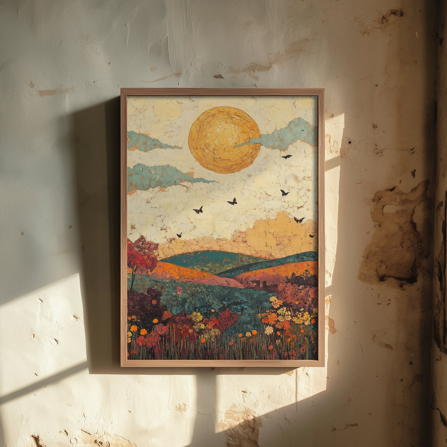 Rolling Hills Landscape Art Print - Butterfly Meadow Poster - Folk Art Painting - Jade Mocha and Rosewood 2/3