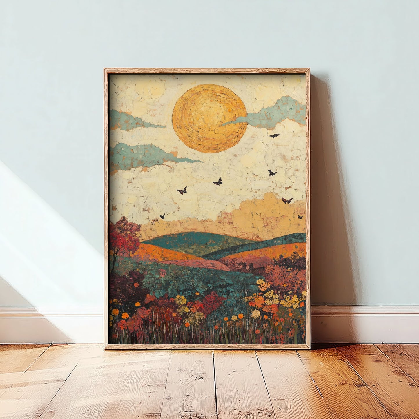 Rolling Hills Landscape Art Print - Butterfly Meadow Poster - Folk Art Painting - Jade Mocha and Rosewood 2/3