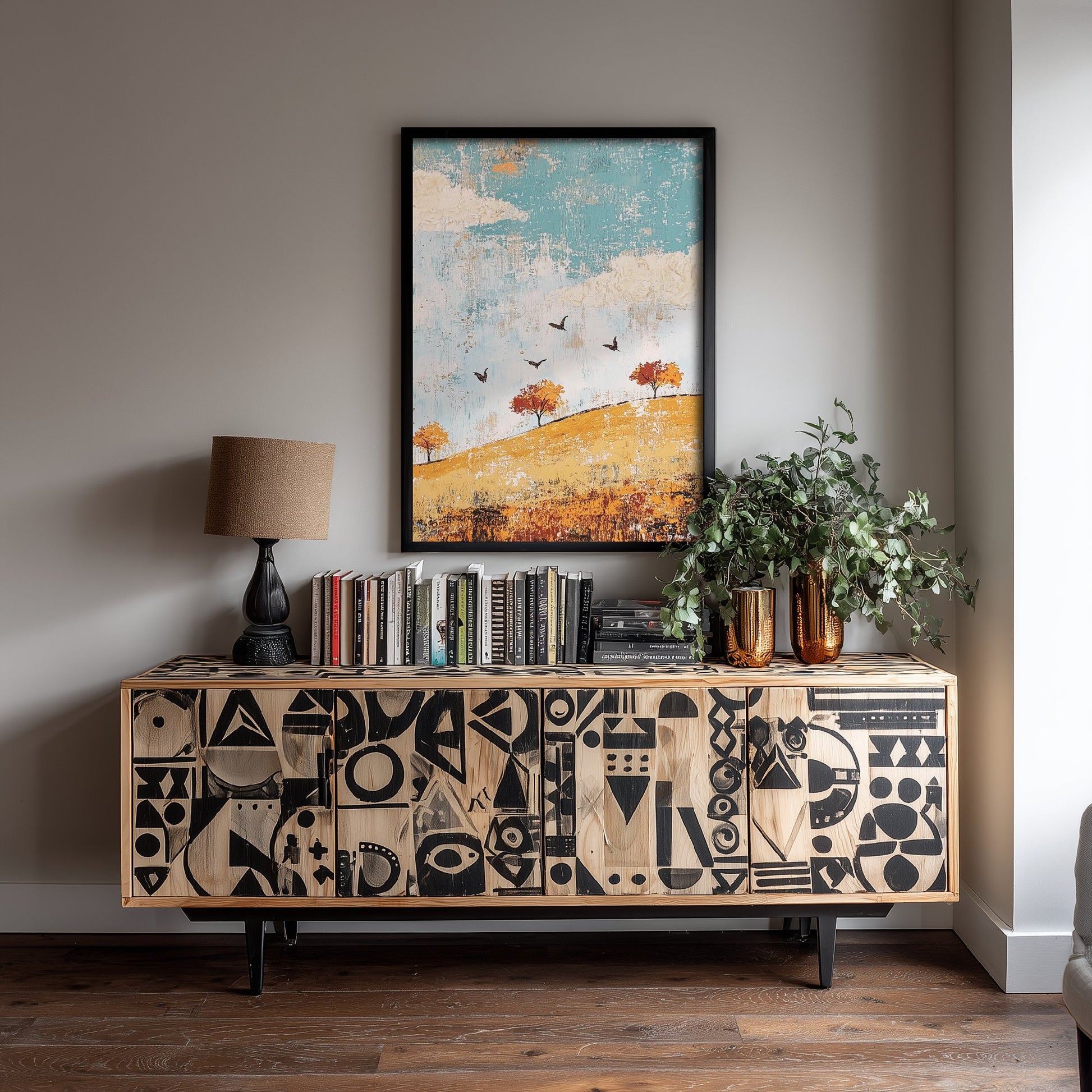 Rolling Hills Landscape Art Print - Butterfly Meadow Poster - Folk Art Painting - Jade Mocha and Rosewood 3/3