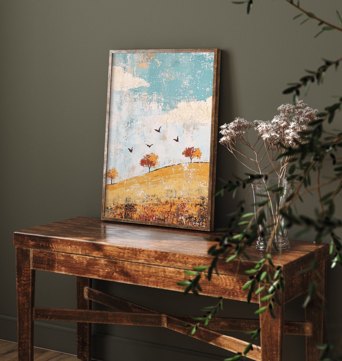 Rolling Hills Landscape Art Print - Butterfly Meadow Poster - Folk Art Painting - Jade Mocha and Rosewood 3/3