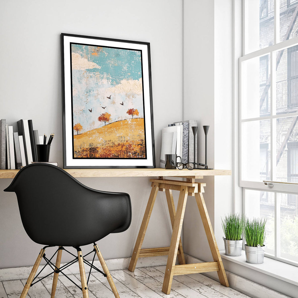 Rolling Hills Landscape Art Print - Butterfly Meadow Poster - Folk Art Painting - Jade Mocha and Rosewood 3/3