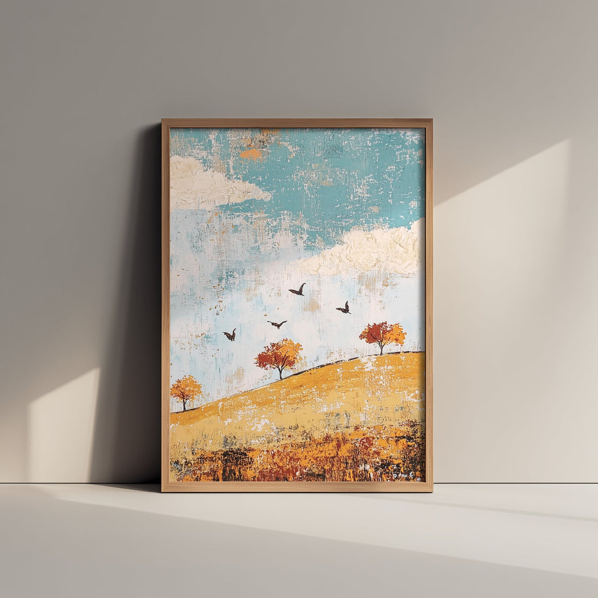 Rolling Hills Landscape Art Print - Butterfly Meadow Poster - Folk Art Painting - Jade Mocha and Rosewood 3/3