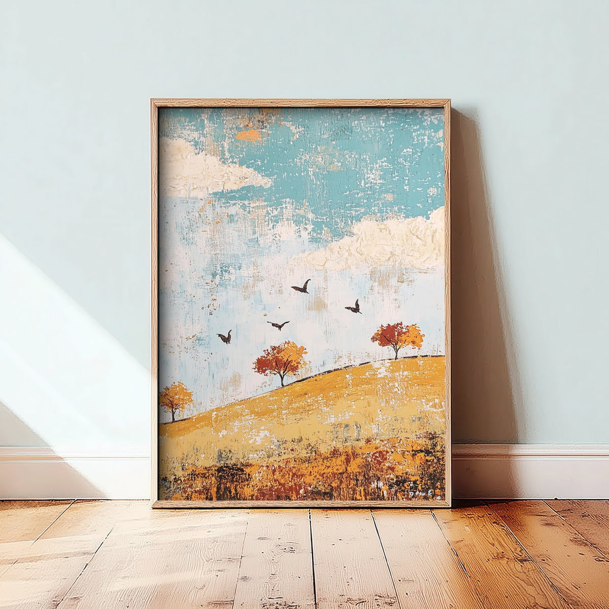 Rolling Hills Landscape Art Print - Butterfly Meadow Poster - Folk Art Painting - Jade Mocha and Rosewood 3/3