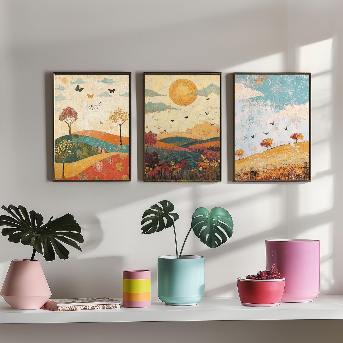 Rolling Hills Butterfly Set of Three Art Prints - Jade Mocha and Rosewood - Folk Meadow Poster Illustration Gift
