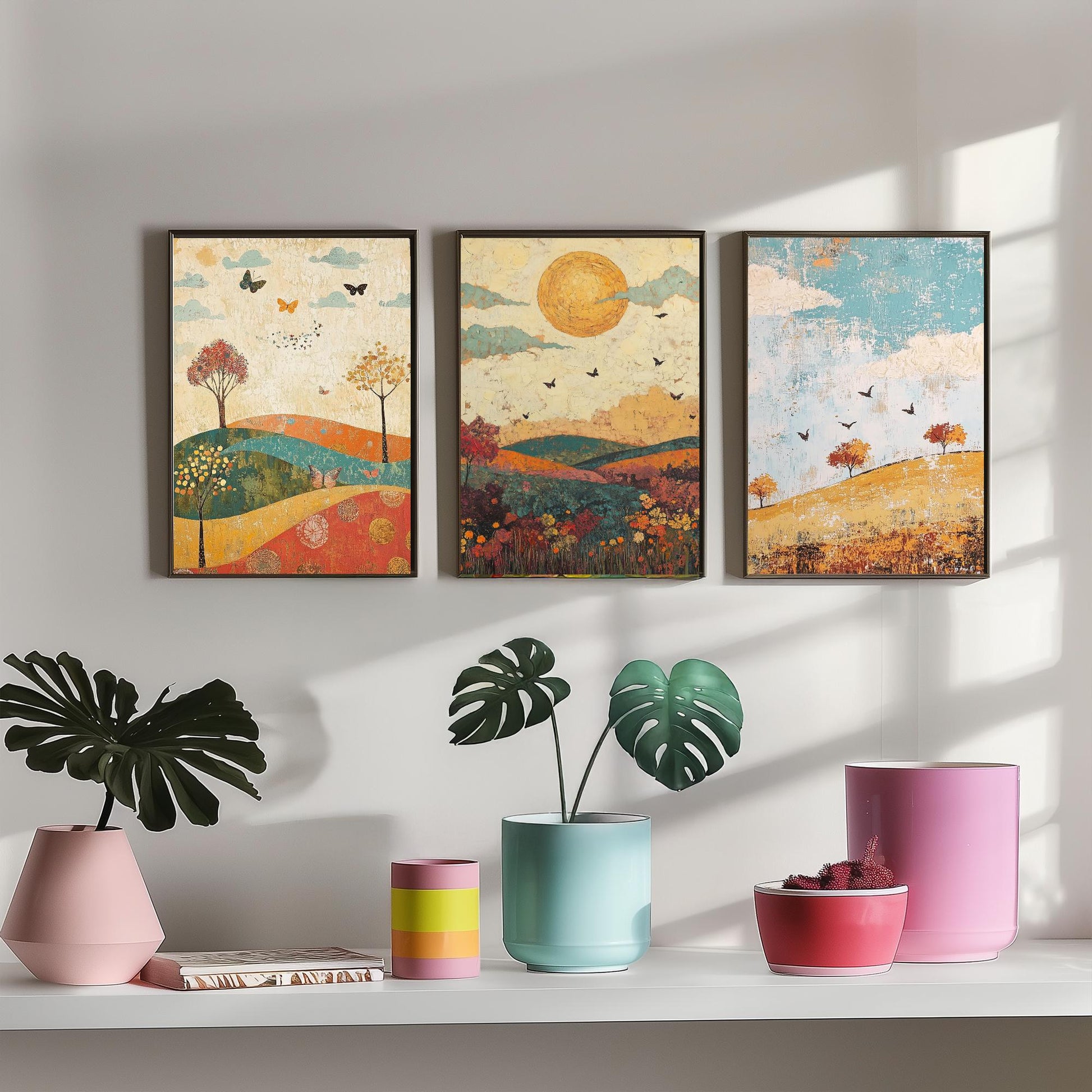 Rolling Hills Butterfly Set of Three Art Prints - Jade Mocha and Rosewood - Folk Meadow Poster Illustration Gift
