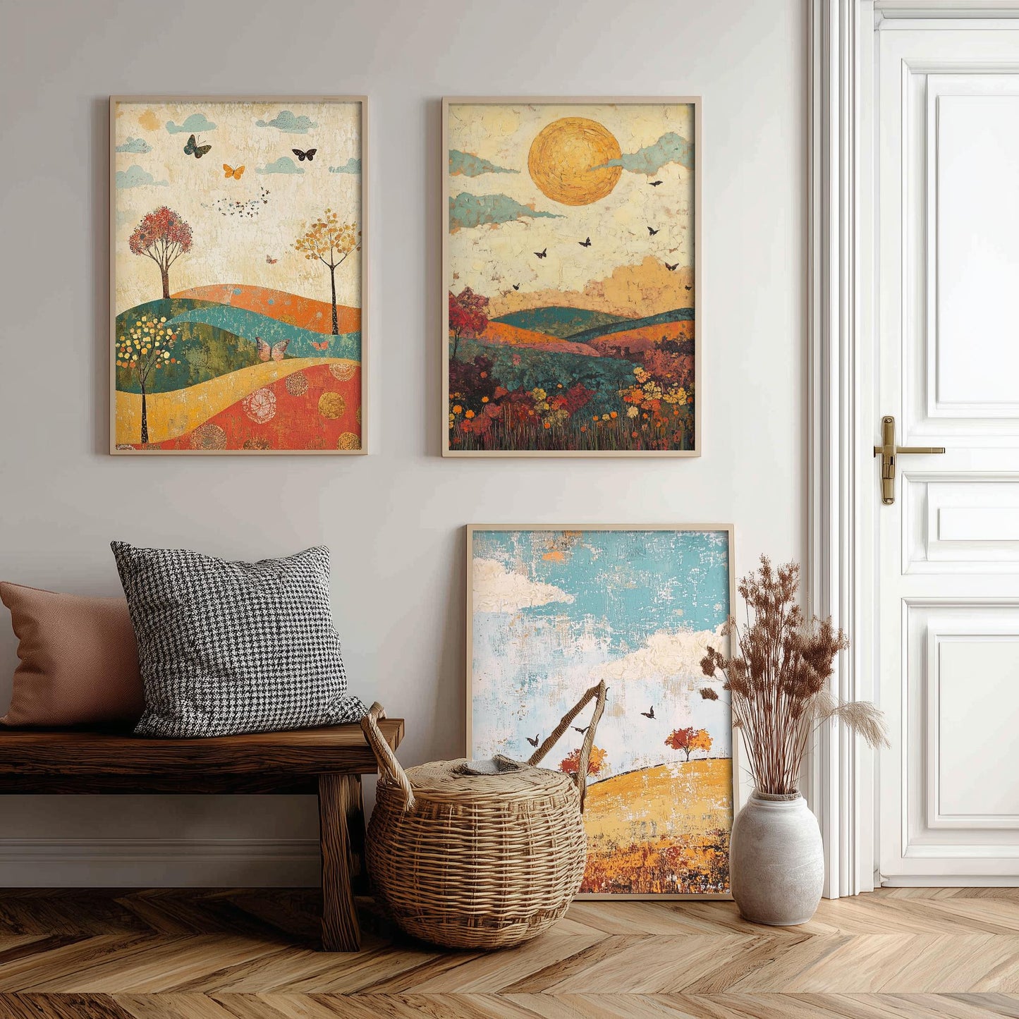Rolling Hills Butterfly Set of Three Art Prints - Jade Mocha and Rosewood - Folk Meadow Poster Illustration Gift