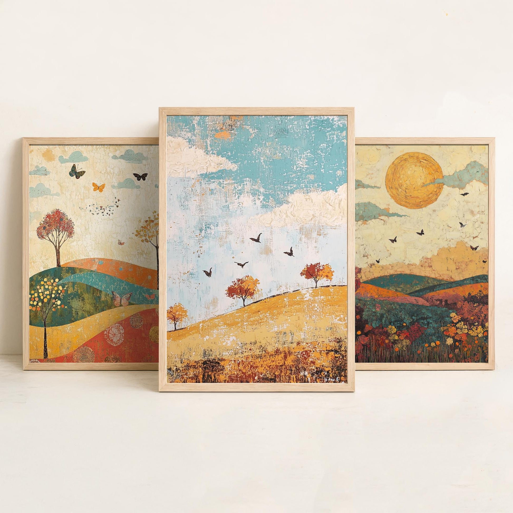 Rolling Hills Butterfly Set of Three Art Prints - Jade Mocha and Rosewood - Folk Meadow Poster Illustration Gift