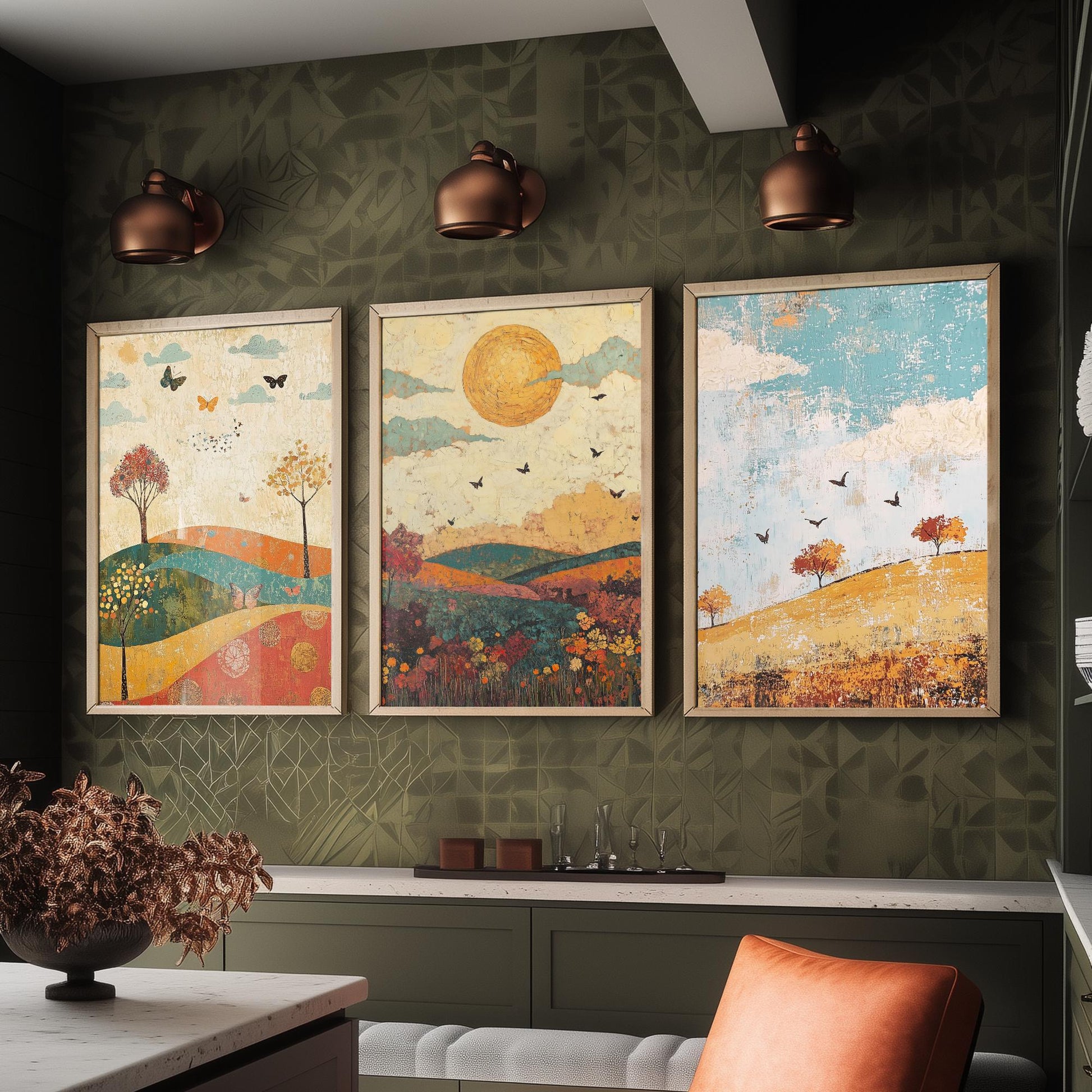 Rolling Hills Butterfly Set of Three Art Prints - Jade Mocha and Rosewood - Folk Meadow Poster Illustration Gift