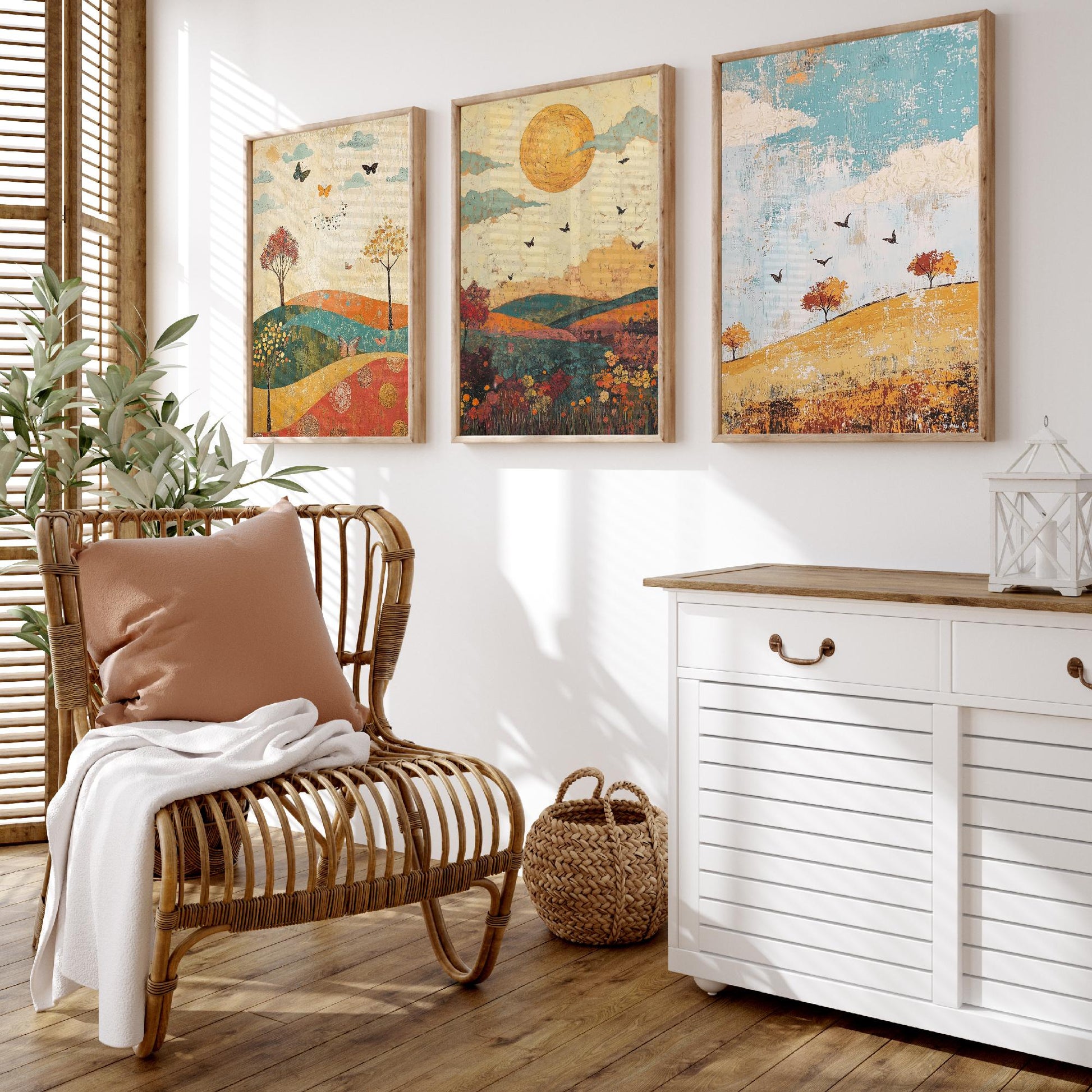 Rolling Hills Butterfly Set of Three Art Prints - Jade Mocha and Rosewood - Folk Meadow Poster Illustration Gift