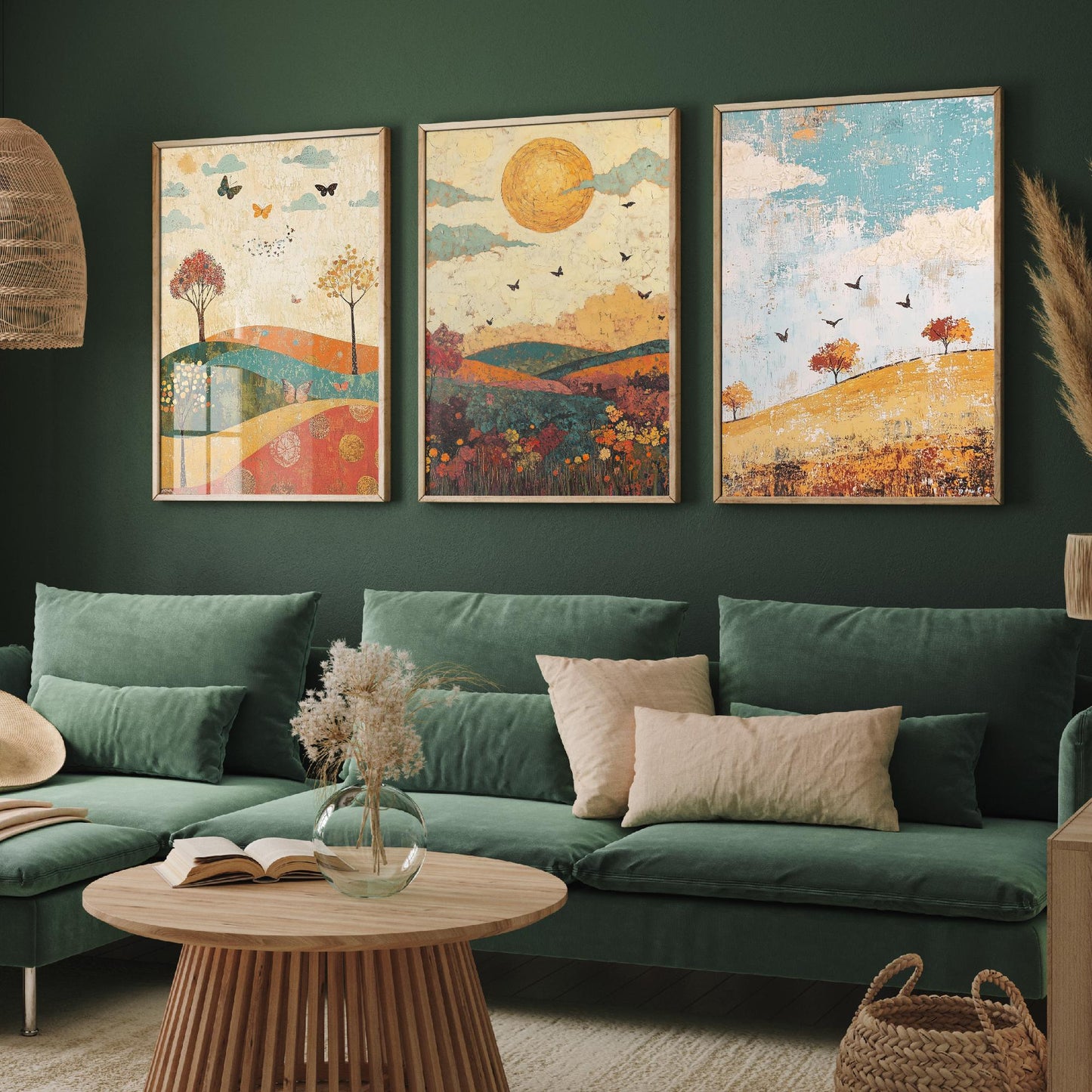 Rolling Hills Butterfly Set of Three Art Prints - Jade Mocha and Rosewood - Folk Meadow Poster Illustration Gift