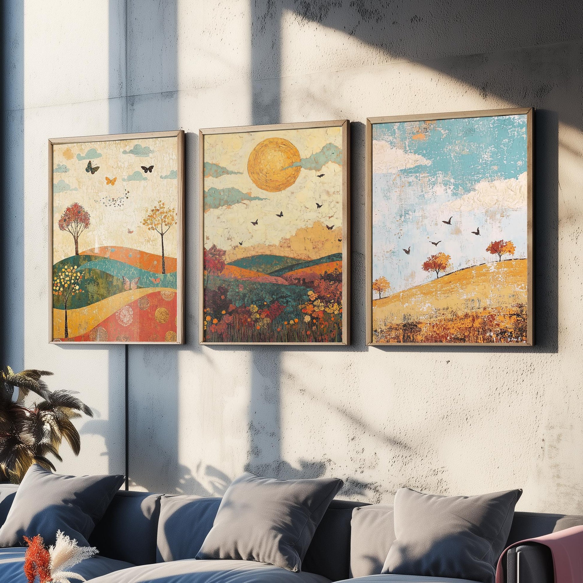 Rolling Hills Butterfly Set of Three Art Prints - Jade Mocha and Rosewood - Folk Meadow Poster Illustration Gift