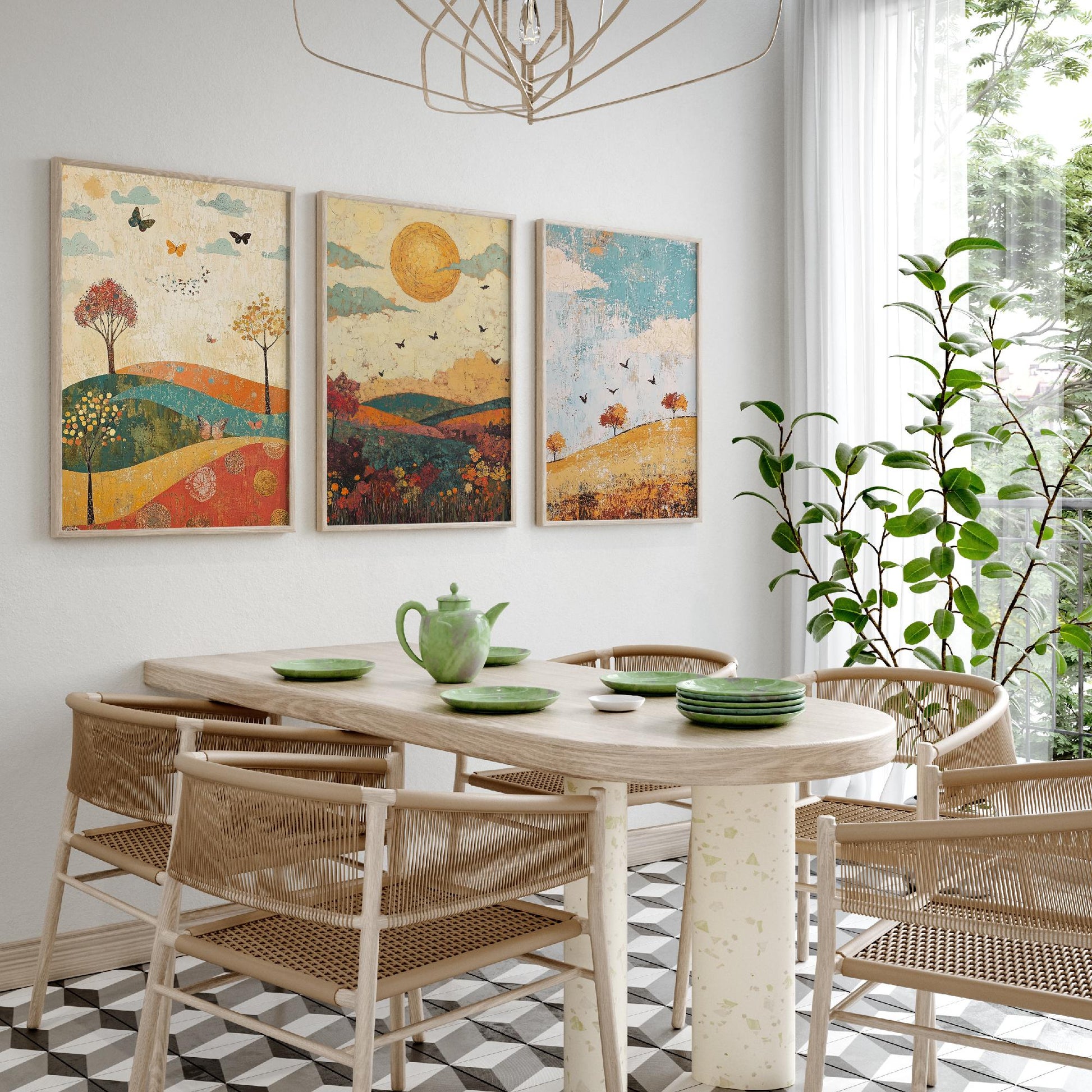 Rolling Hills Butterfly Set of Three Art Prints - Jade Mocha and Rosewood - Folk Meadow Poster Illustration Gift