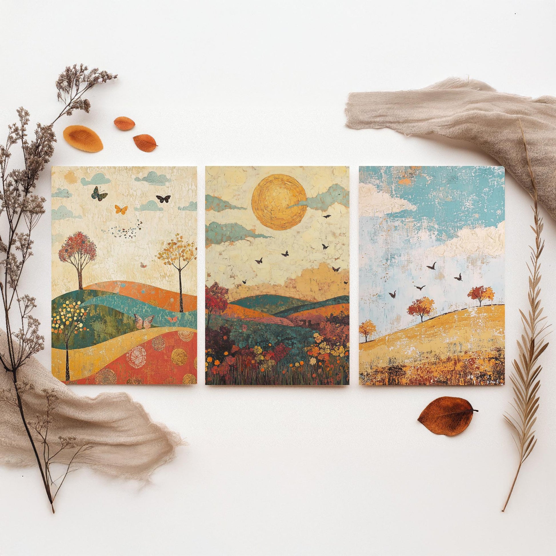 Rolling Hills Butterfly Set of Three Art Prints - Jade Mocha and Rosewood - Folk Meadow Poster Illustration Gift