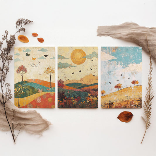 Rolling Hills Butterfly Set of Three Art Prints - Jade Mocha and Rosewood - Folk Meadow Poster Illustration Gift
