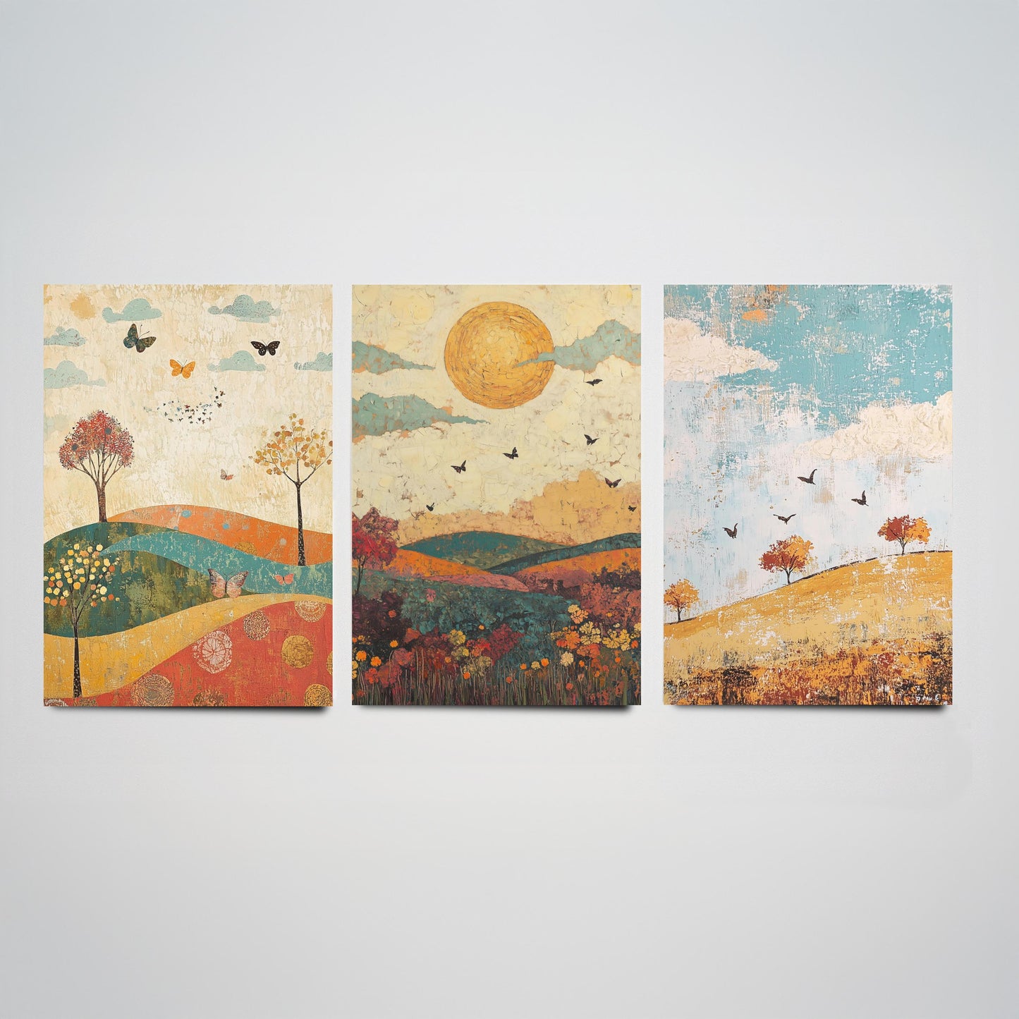 Rolling Hills Butterfly Set of Three Art Prints - Jade Mocha and Rosewood - Folk Meadow Poster Illustration Gift