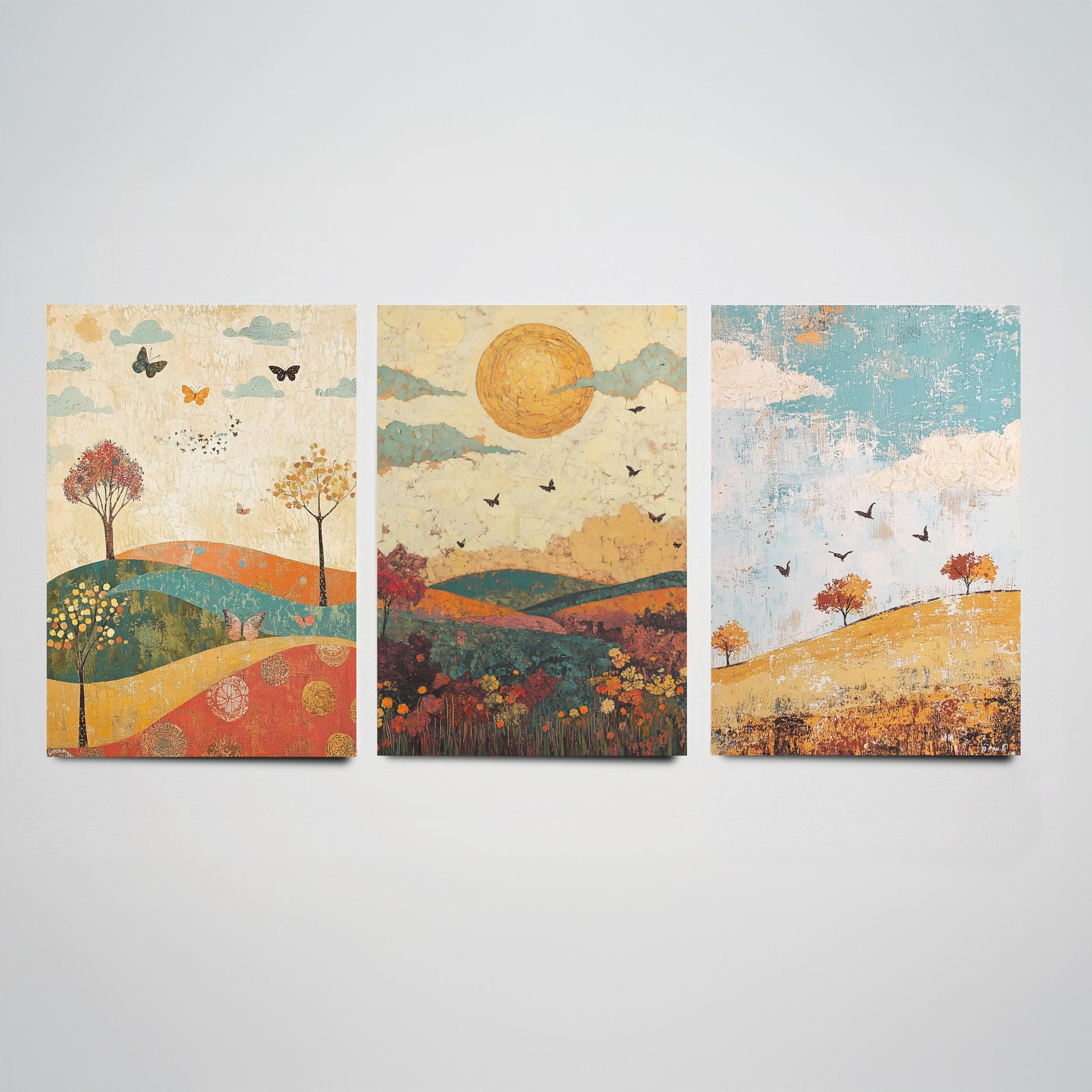 Rolling Hills Butterfly Set of Three Art Prints - Jade Mocha and Rosewood - Folk Meadow Poster Illustration Gift