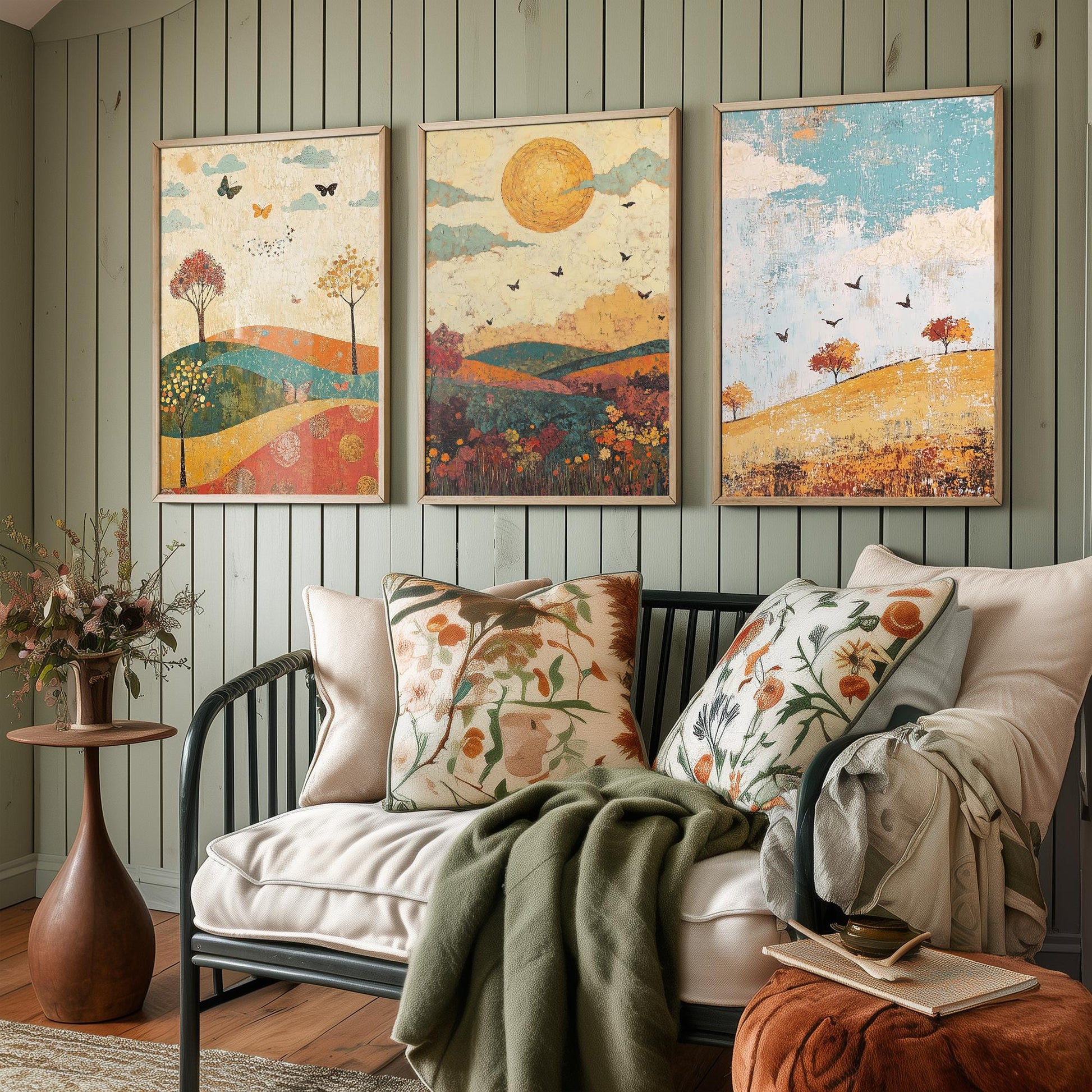 Rolling Hills Butterfly Set of Three Art Prints - Jade Mocha and Rosewood - Folk Meadow Poster Illustration Gift