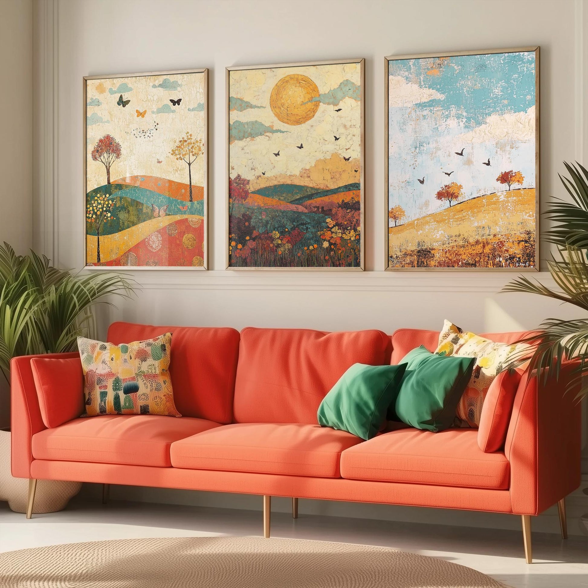 Rolling Hills Butterfly Set of Three Art Prints - Jade Mocha and Rosewood - Folk Meadow Poster Illustration Gift