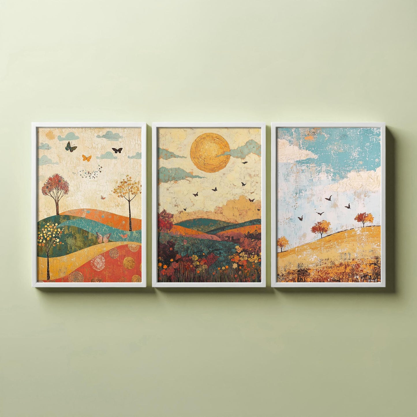 Rolling Hills Butterfly Set of Three Art Prints - Jade Mocha and Rosewood - Folk Meadow Poster Illustration Gift