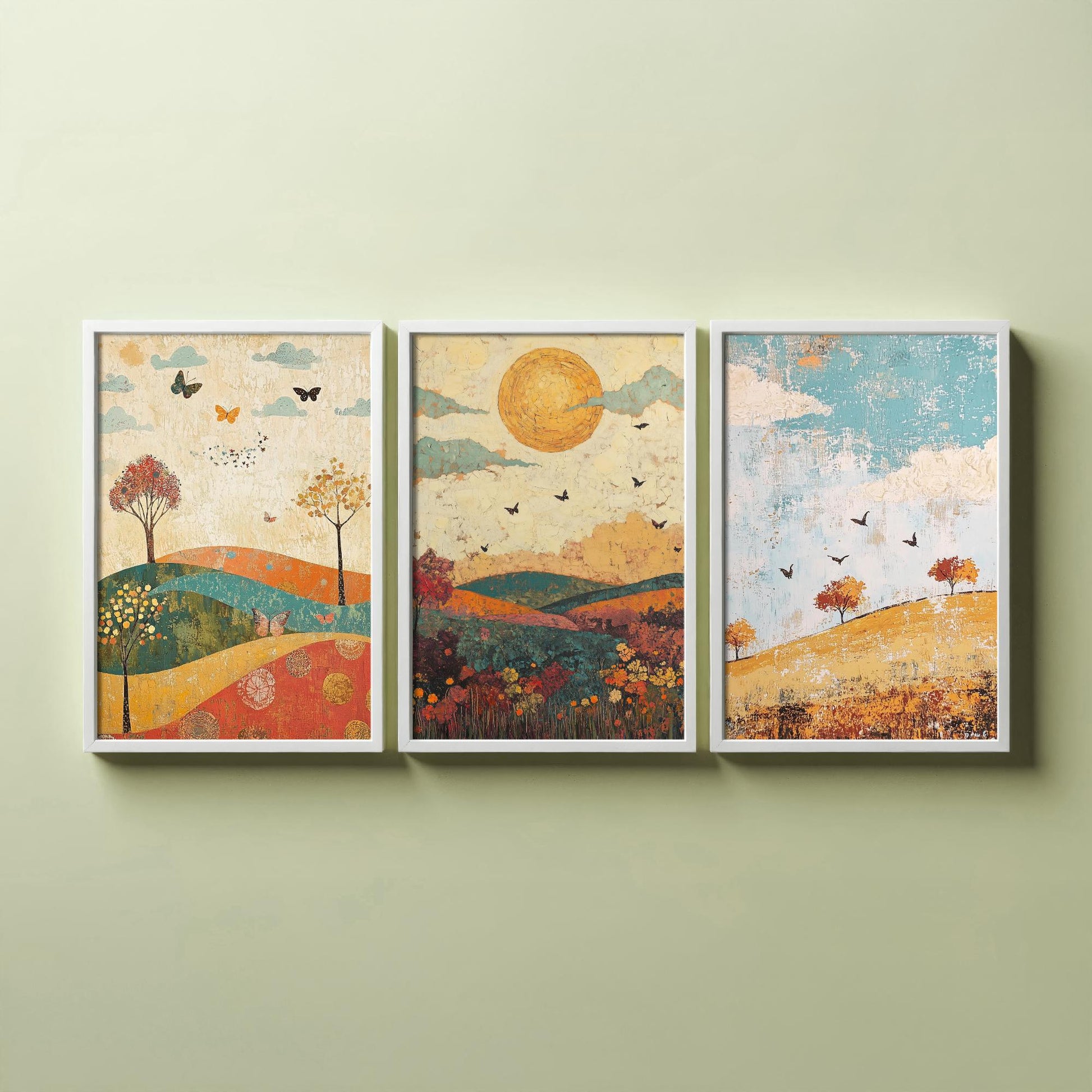 Rolling Hills Butterfly Set of Three Art Prints - Jade Mocha and Rosewood - Folk Meadow Poster Illustration Gift