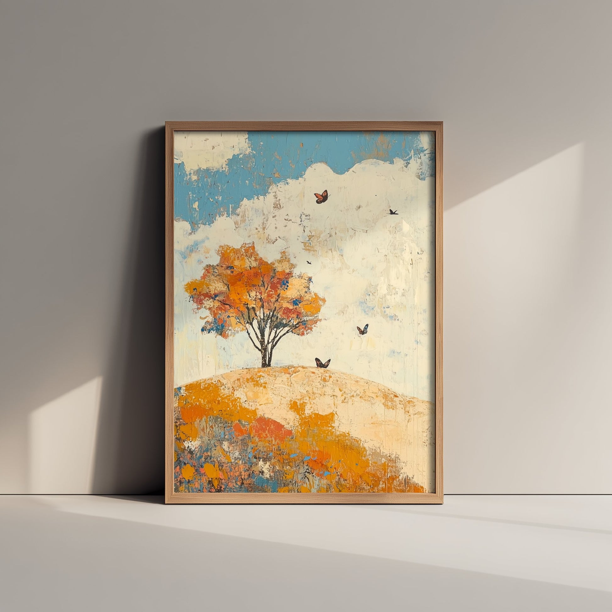 Rolling Hills Landscape Art Print - Butterfly Meadow Poster - Folk Art Painting - Lapis Chestnut and Cream 1/3