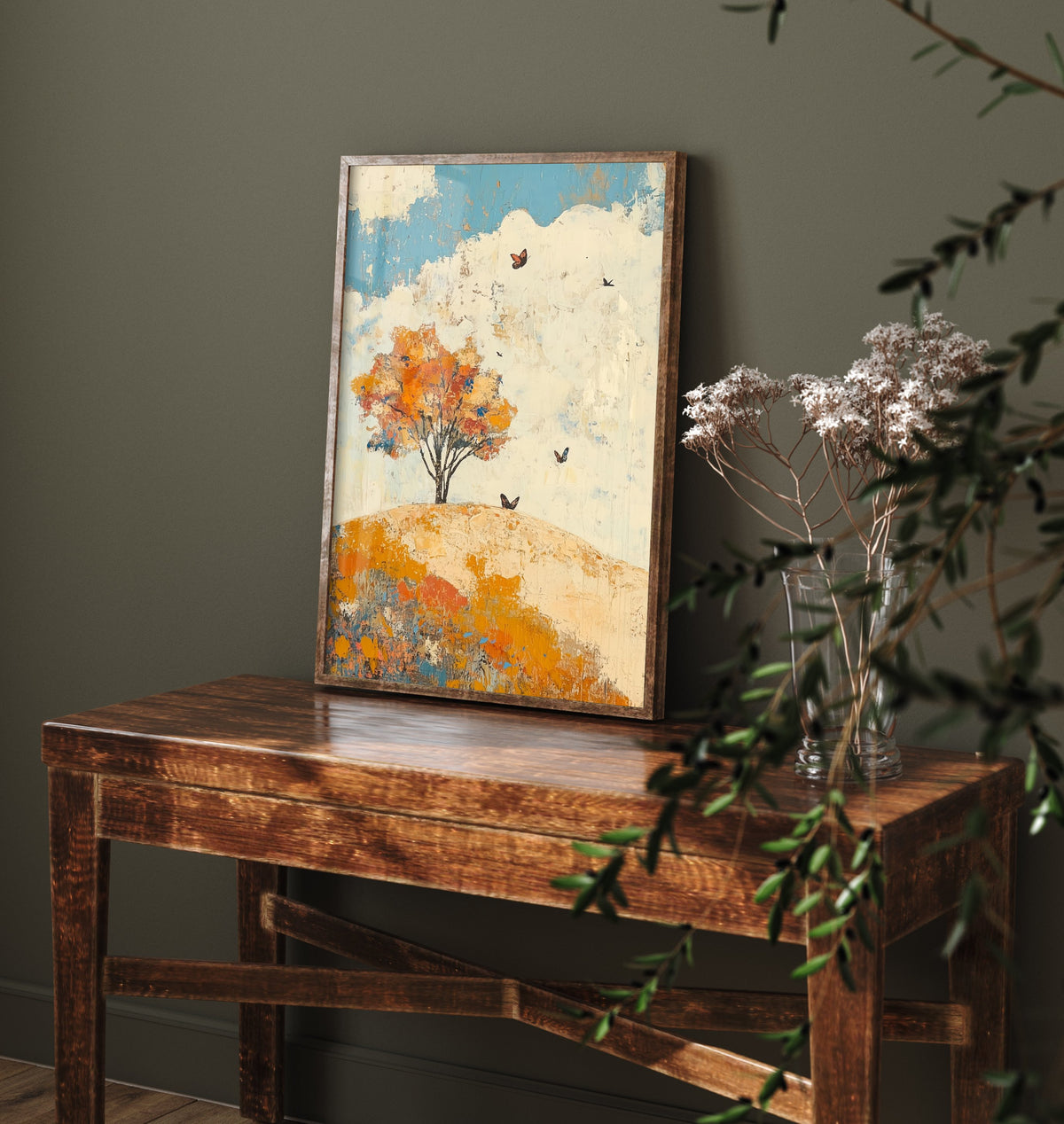 Rolling Hills Landscape Art Print - Butterfly Meadow Poster - Folk Art Painting - Lapis Chestnut and Cream 1/3