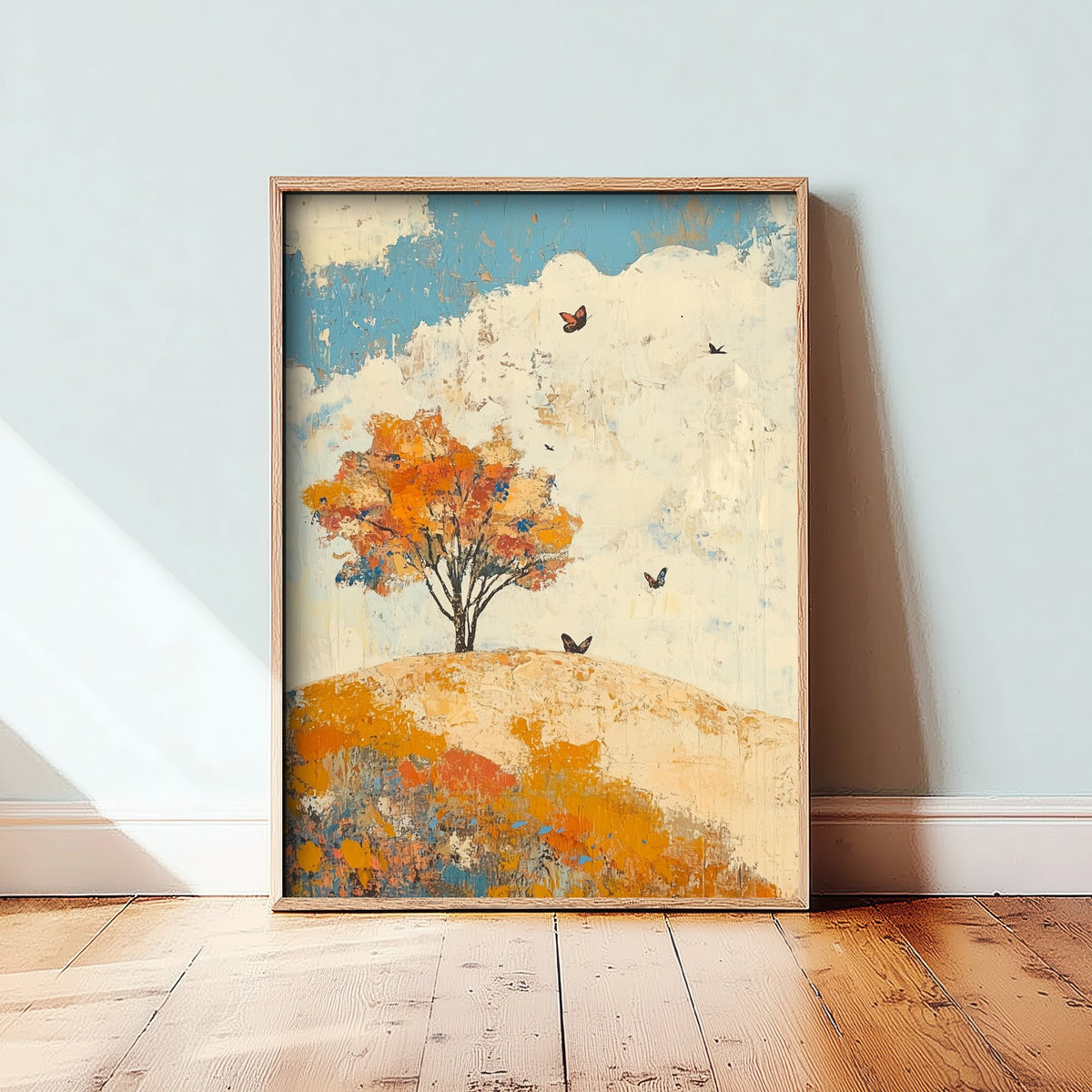 Rolling Hills Landscape Art Print - Butterfly Meadow Poster - Folk Art Painting - Lapis Chestnut and Cream 1/3