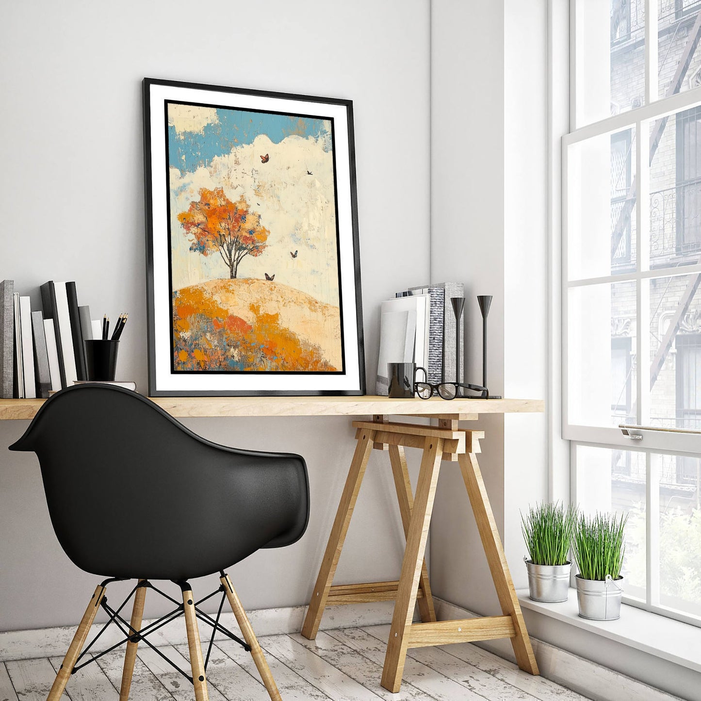 Rolling Hills Landscape Art Print - Butterfly Meadow Poster - Folk Art Painting - Lapis Chestnut and Cream 1/3
