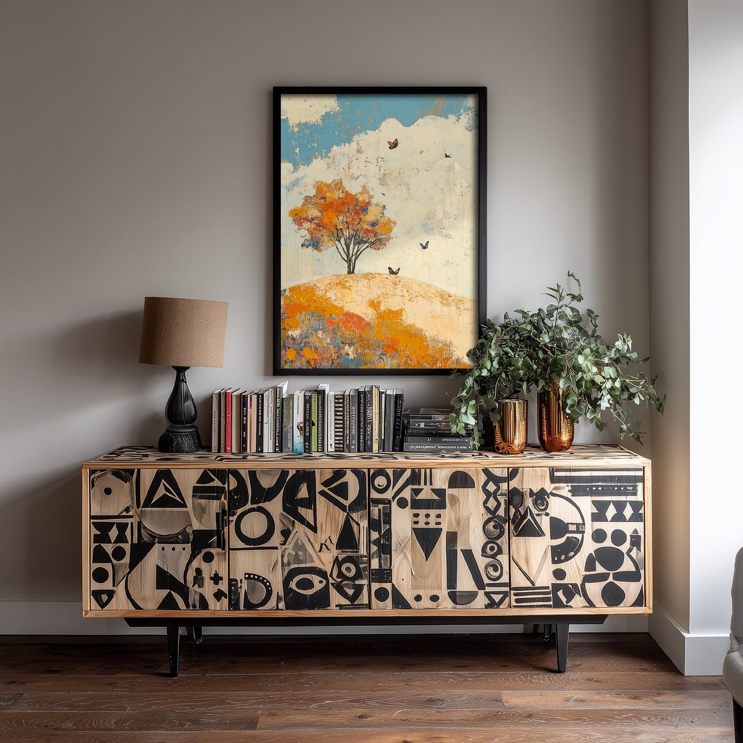 Rolling Hills Landscape Art Print - Butterfly Meadow Poster - Folk Art Painting - Lapis Chestnut and Cream 1/3