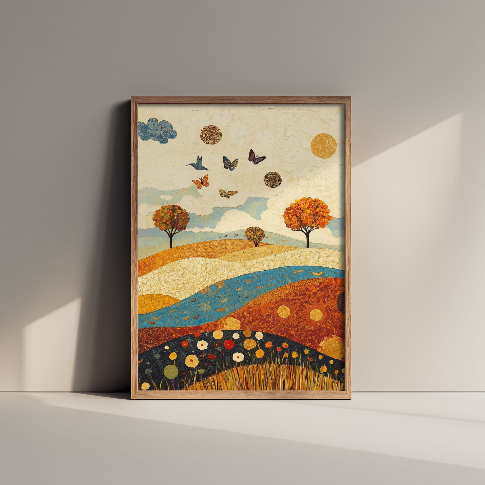 Rolling Hills Landscape Art Print - Butterfly Meadow Poster - Folk Art Painting - Lapis Chestnut and Cream 2/3