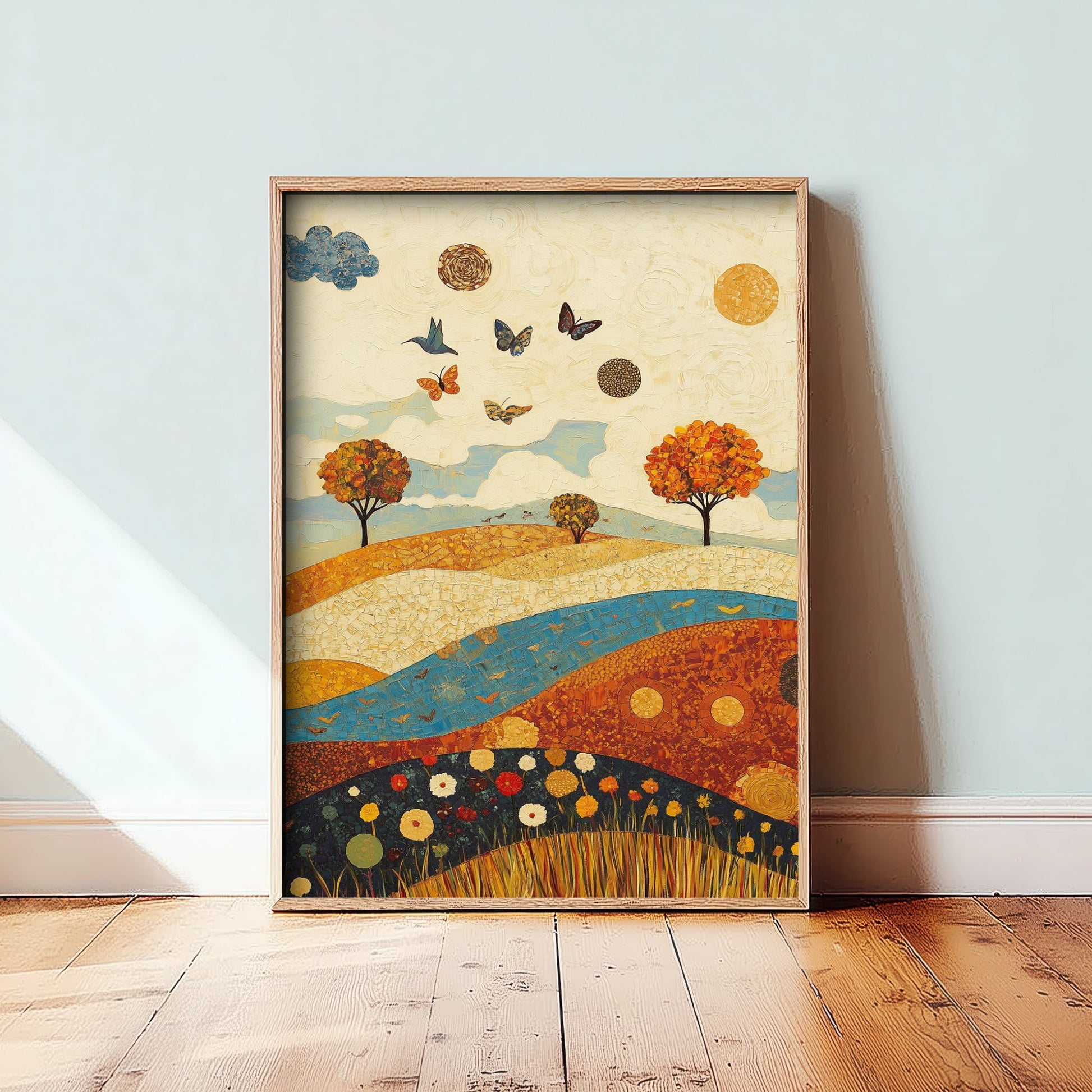 Rolling Hills Landscape Art Print - Butterfly Meadow Poster - Folk Art Painting - Lapis Chestnut and Cream 2/3