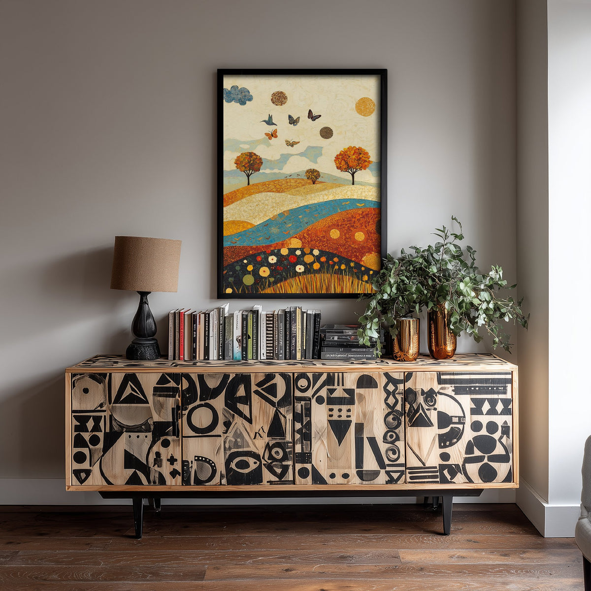 Rolling Hills Landscape Art Print - Butterfly Meadow Poster - Folk Art Painting - Lapis Chestnut and Cream 2/3