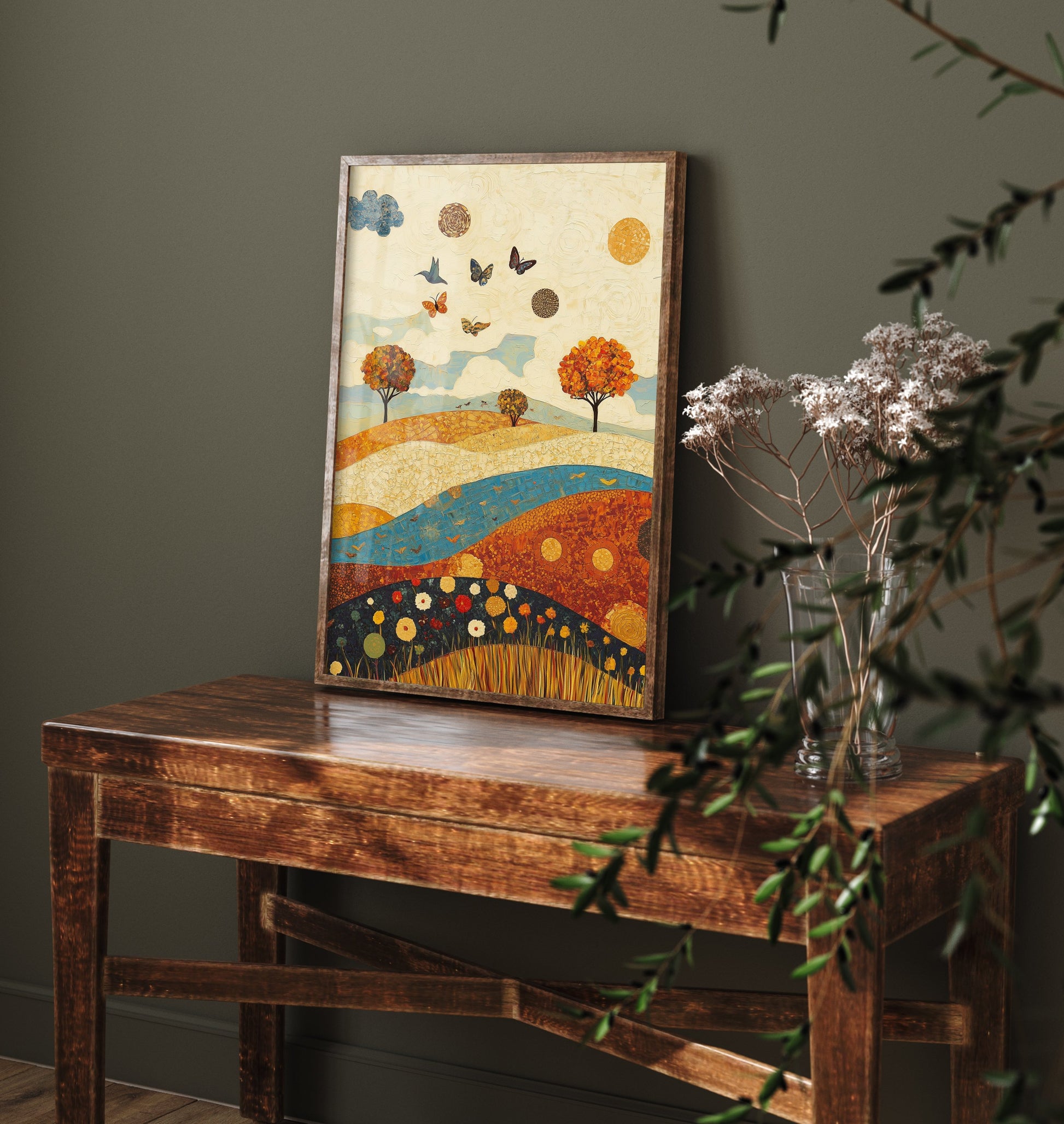 Rolling Hills Landscape Art Print - Butterfly Meadow Poster - Folk Art Painting - Lapis Chestnut and Cream 2/3