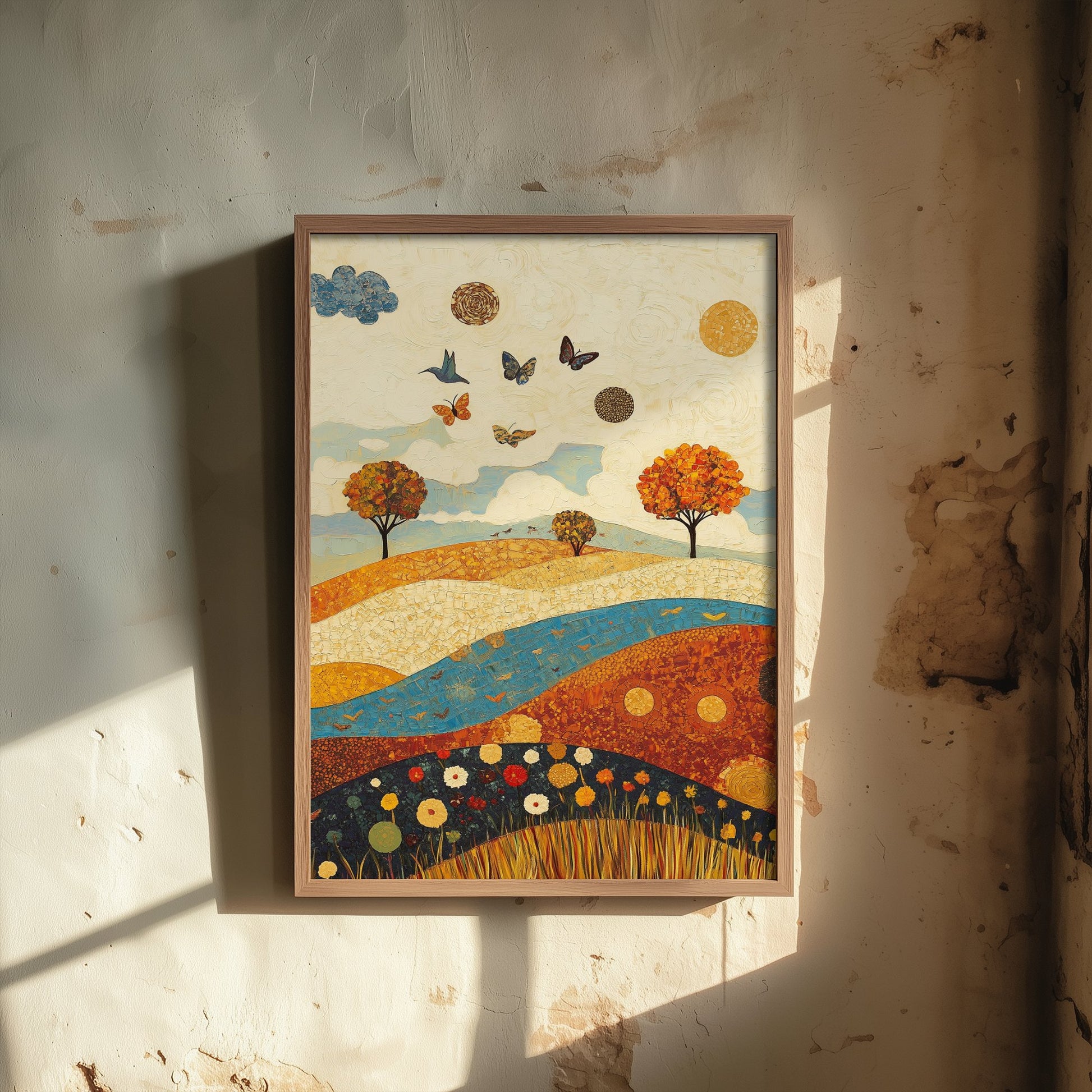 Rolling Hills Landscape Art Print - Butterfly Meadow Poster - Folk Art Painting - Lapis Chestnut and Cream 2/3