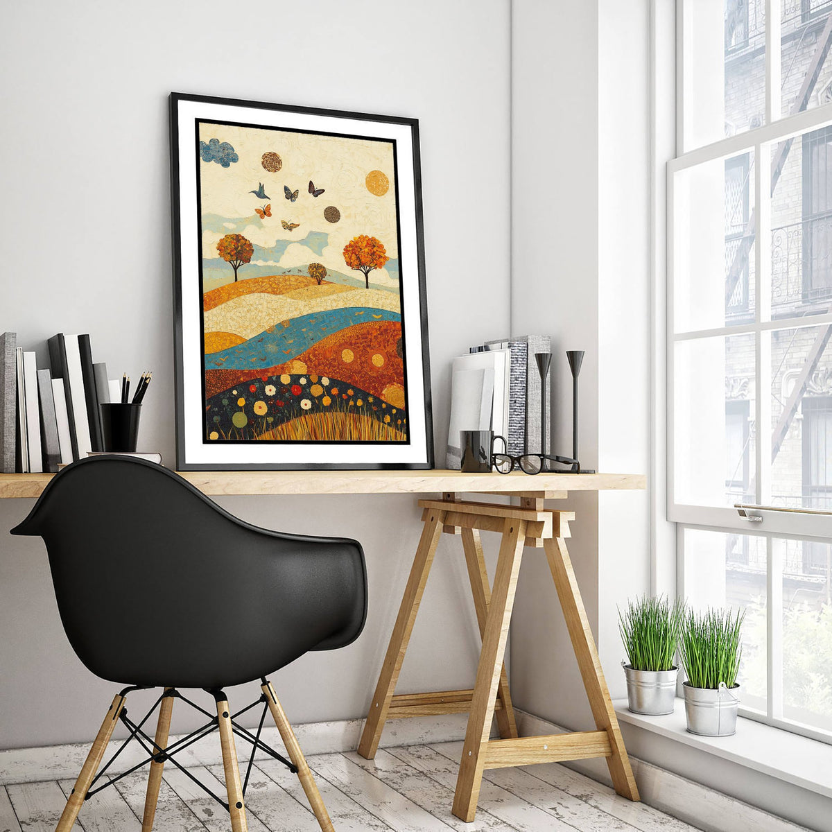 Rolling Hills Landscape Art Print - Butterfly Meadow Poster - Folk Art Painting - Lapis Chestnut and Cream 2/3