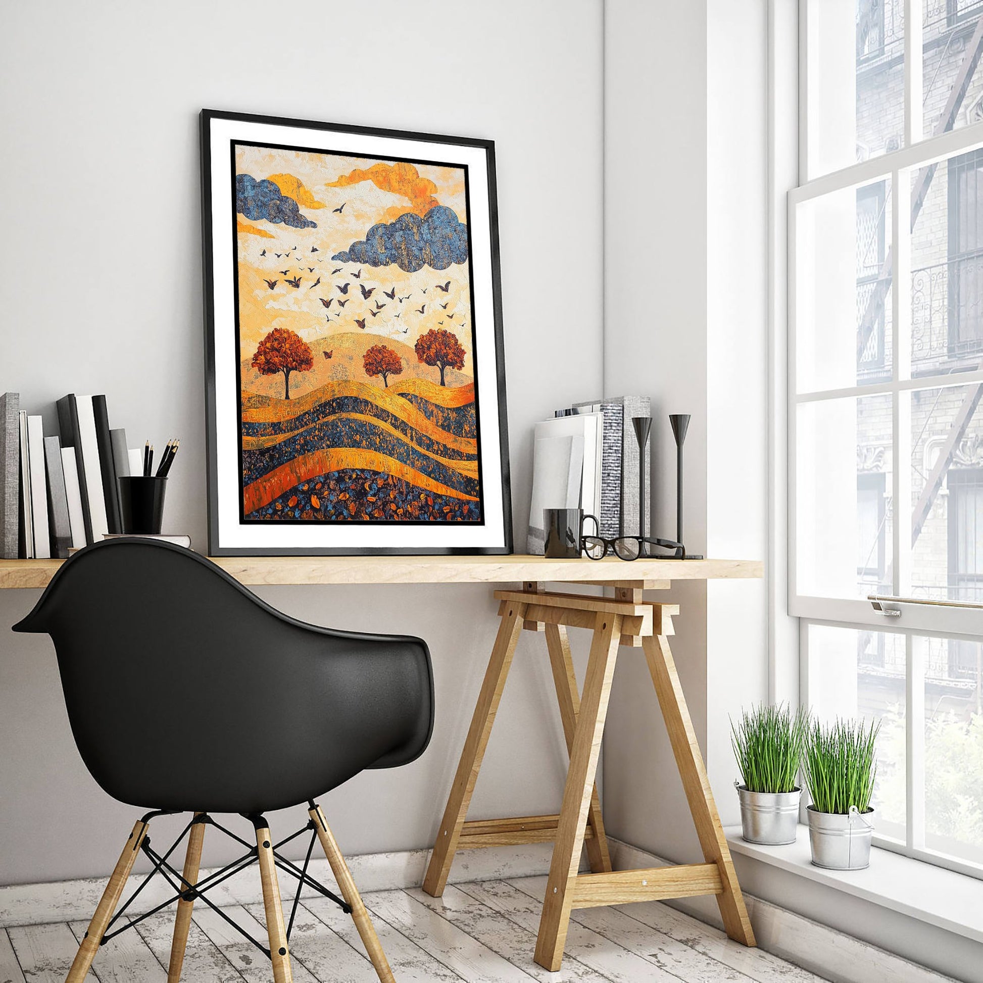 Rolling Hills Landscape Art Print - Butterfly Meadow Poster - Folk Art Painting - Lapis Chestnut and Cream 3/3