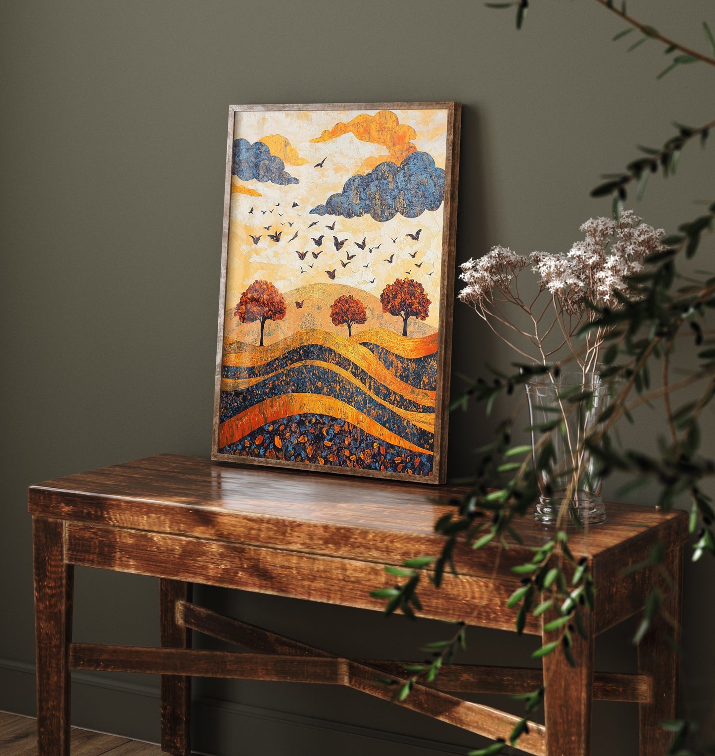 Rolling Hills Landscape Art Print - Butterfly Meadow Poster - Folk Art Painting - Lapis Chestnut and Cream 3/3