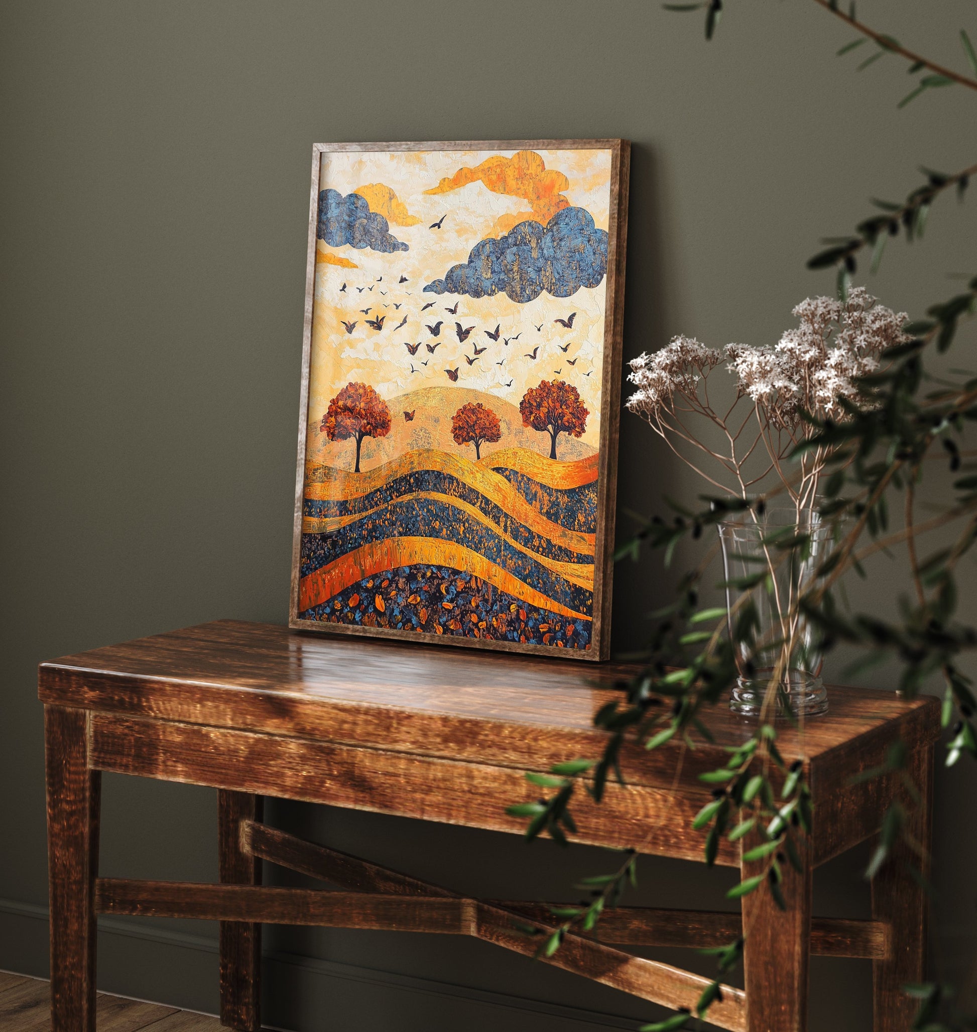 Rolling Hills Landscape Art Print - Butterfly Meadow Poster - Folk Art Painting - Lapis Chestnut and Cream 3/3