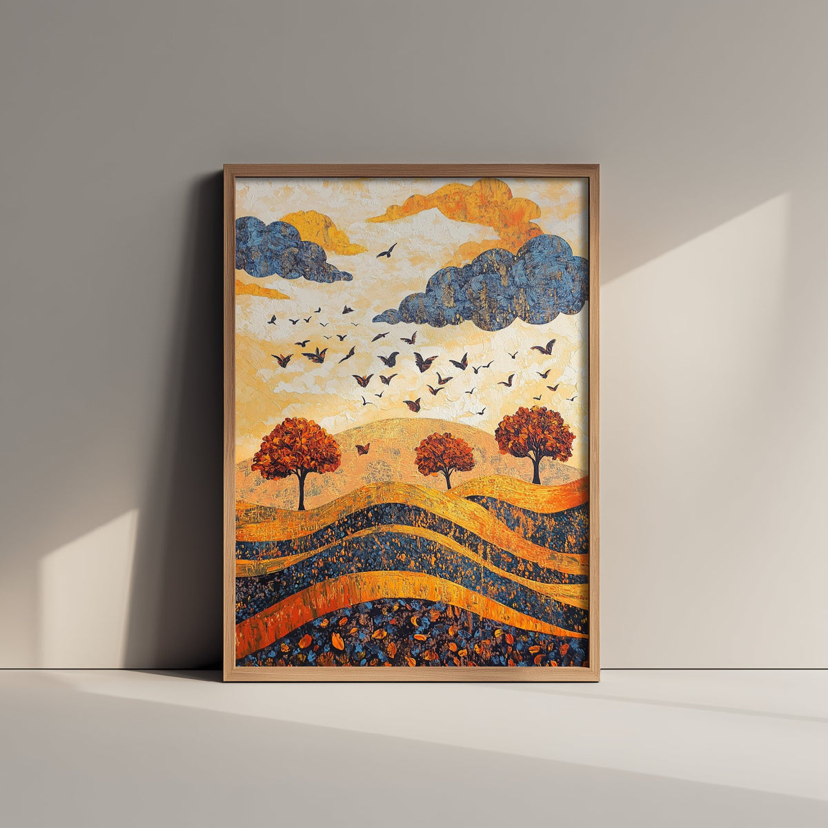 Rolling Hills Landscape Art Print - Butterfly Meadow Poster - Folk Art Painting - Lapis Chestnut and Cream 3/3