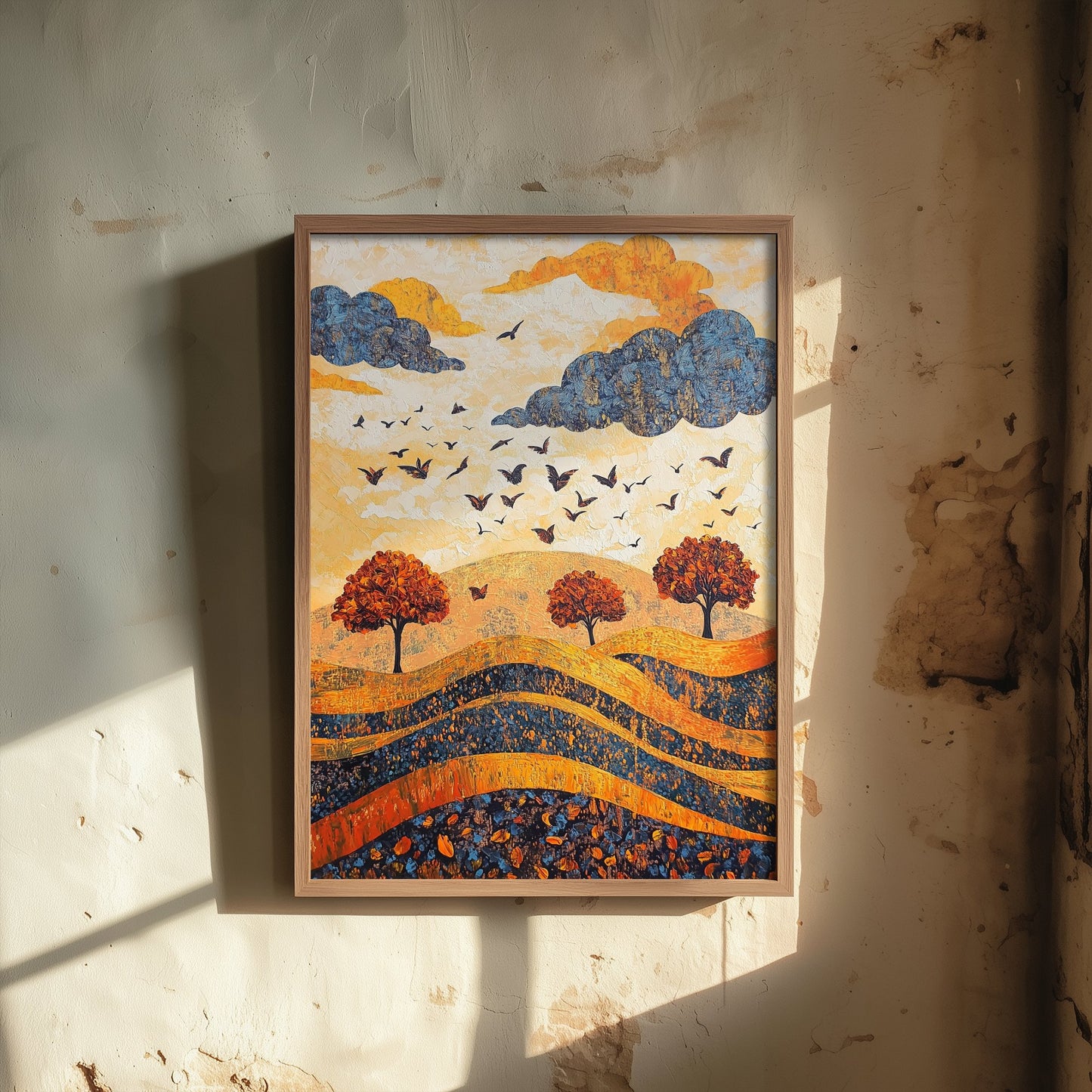 Rolling Hills Landscape Art Print - Butterfly Meadow Poster - Folk Art Painting - Lapis Chestnut and Cream 3/3