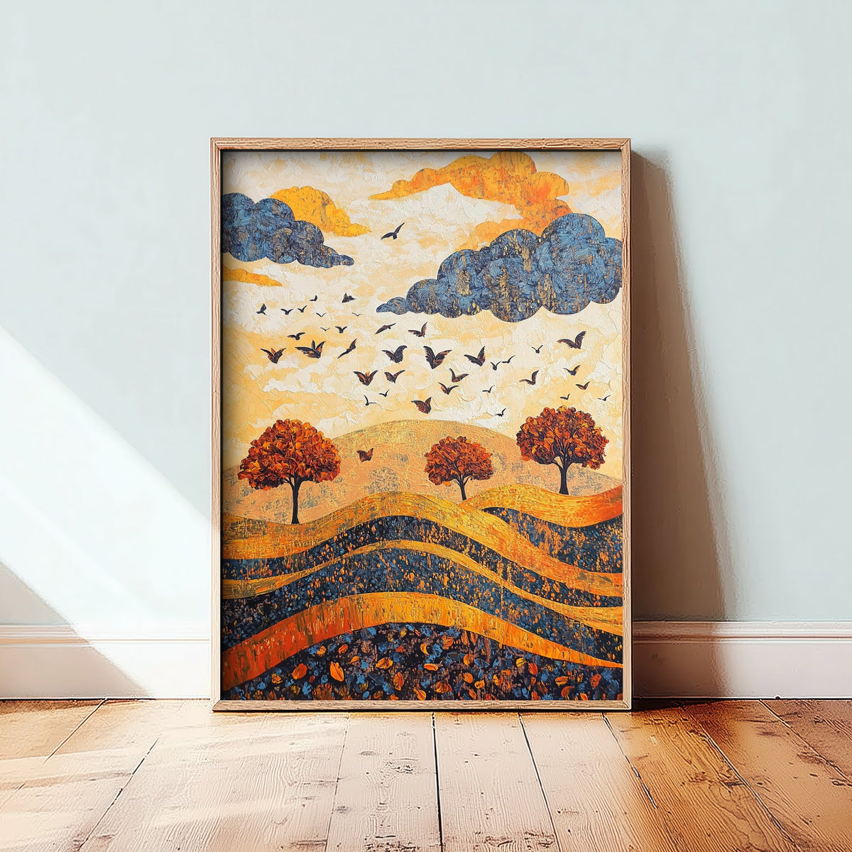 Rolling Hills Landscape Art Print - Butterfly Meadow Poster - Folk Art Painting - Lapis Chestnut and Cream 3/3