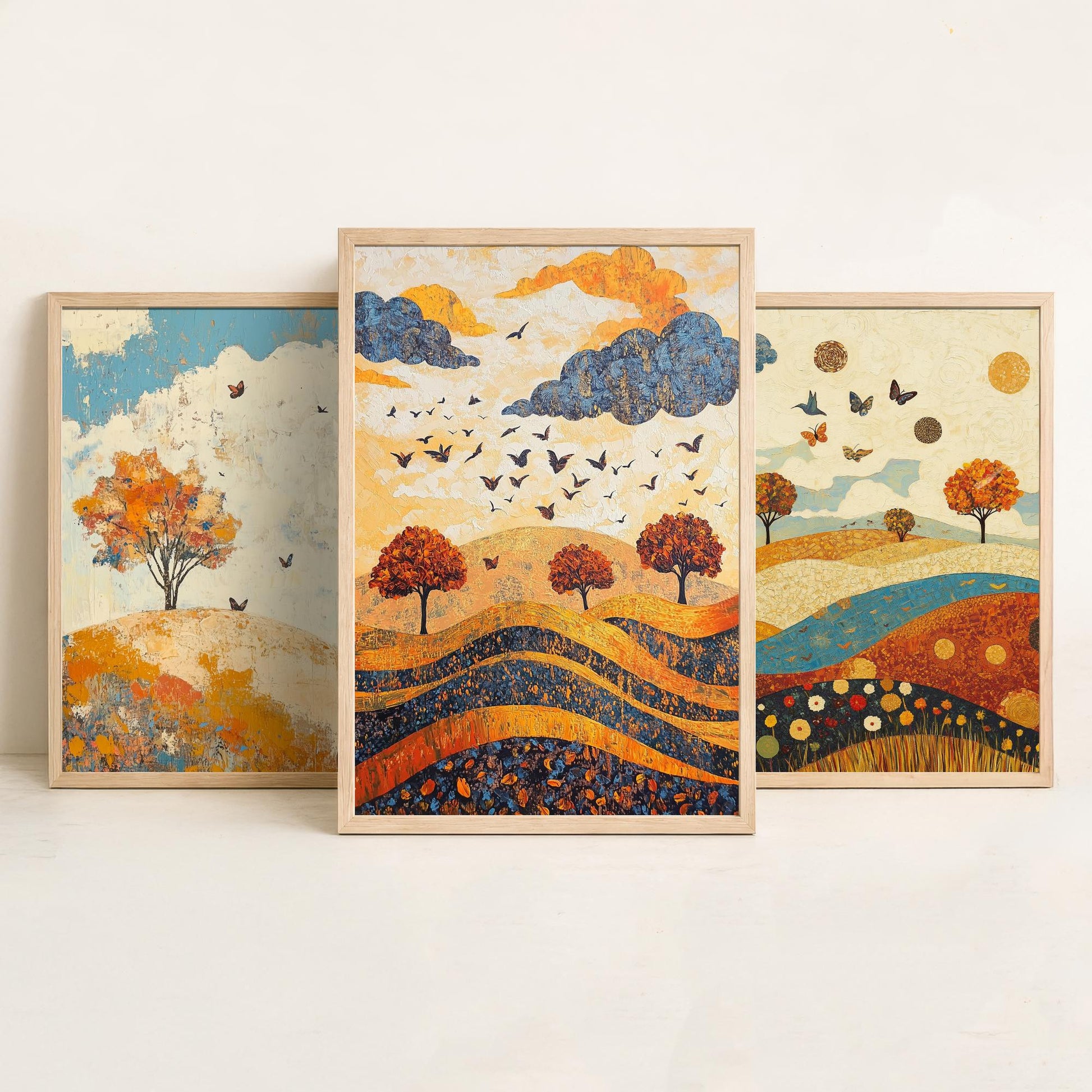 Rolling Hills Butterfly Set of Three Art Prints - Lapis Chestnut and Cream - Folk Meadow Poster Illustration Gift