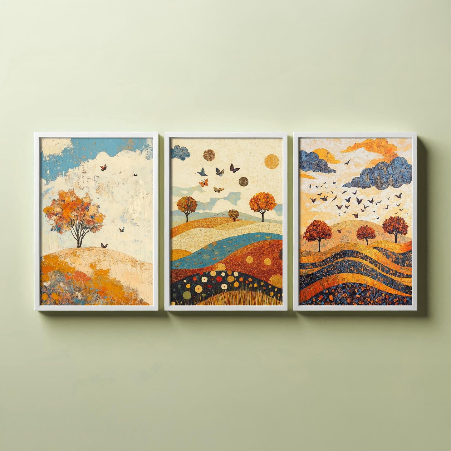 Rolling Hills Butterfly Set of Three Art Prints - Lapis Chestnut and Cream - Folk Meadow Poster Illustration Gift